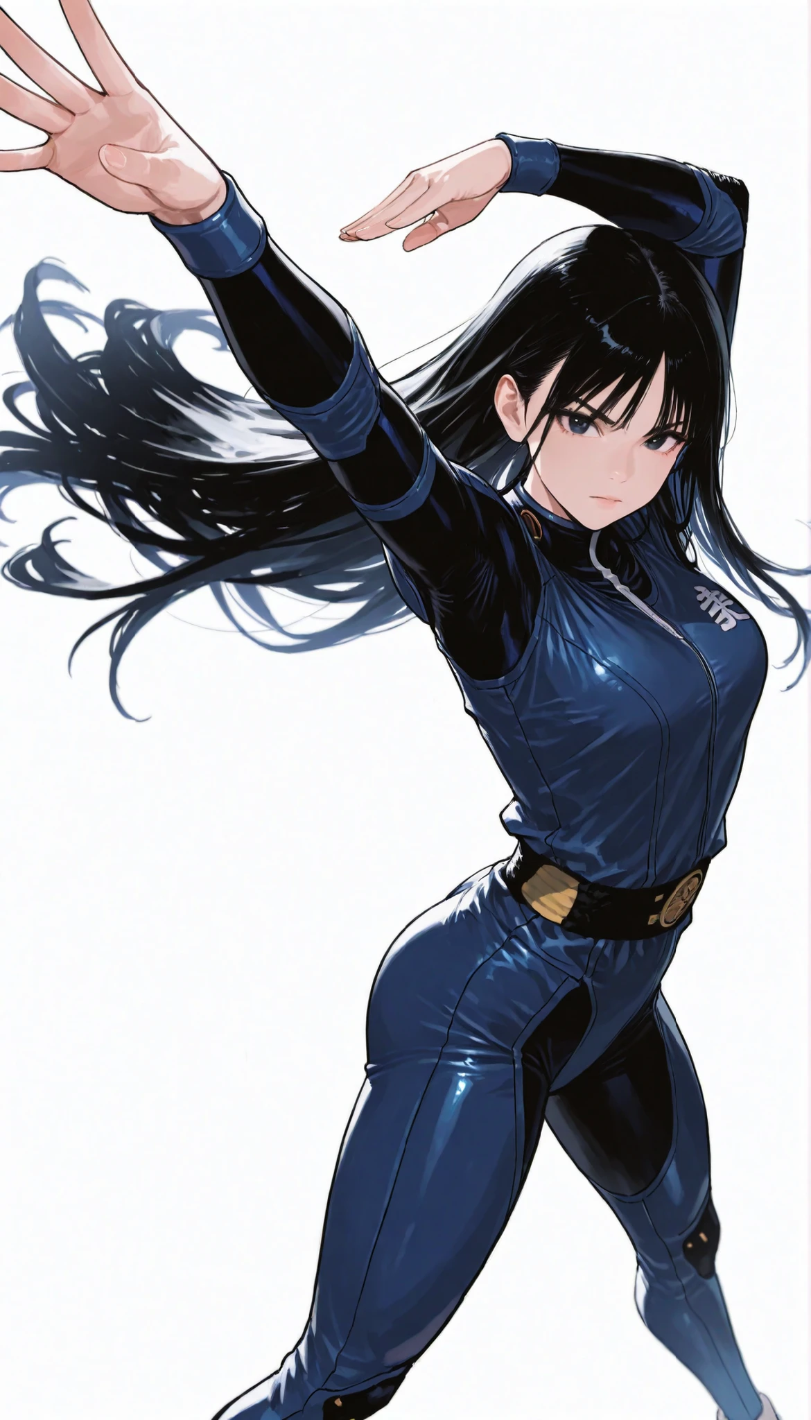Japanese high school girl in a futuristic off-white and dark blue bodysuit android、long black hair,straight long hair, martial artist、Pose, Dynamic Angle、 combat system、ダイナミックなPose、white background,best image quality、4Ｋ、Precise Depiction、
