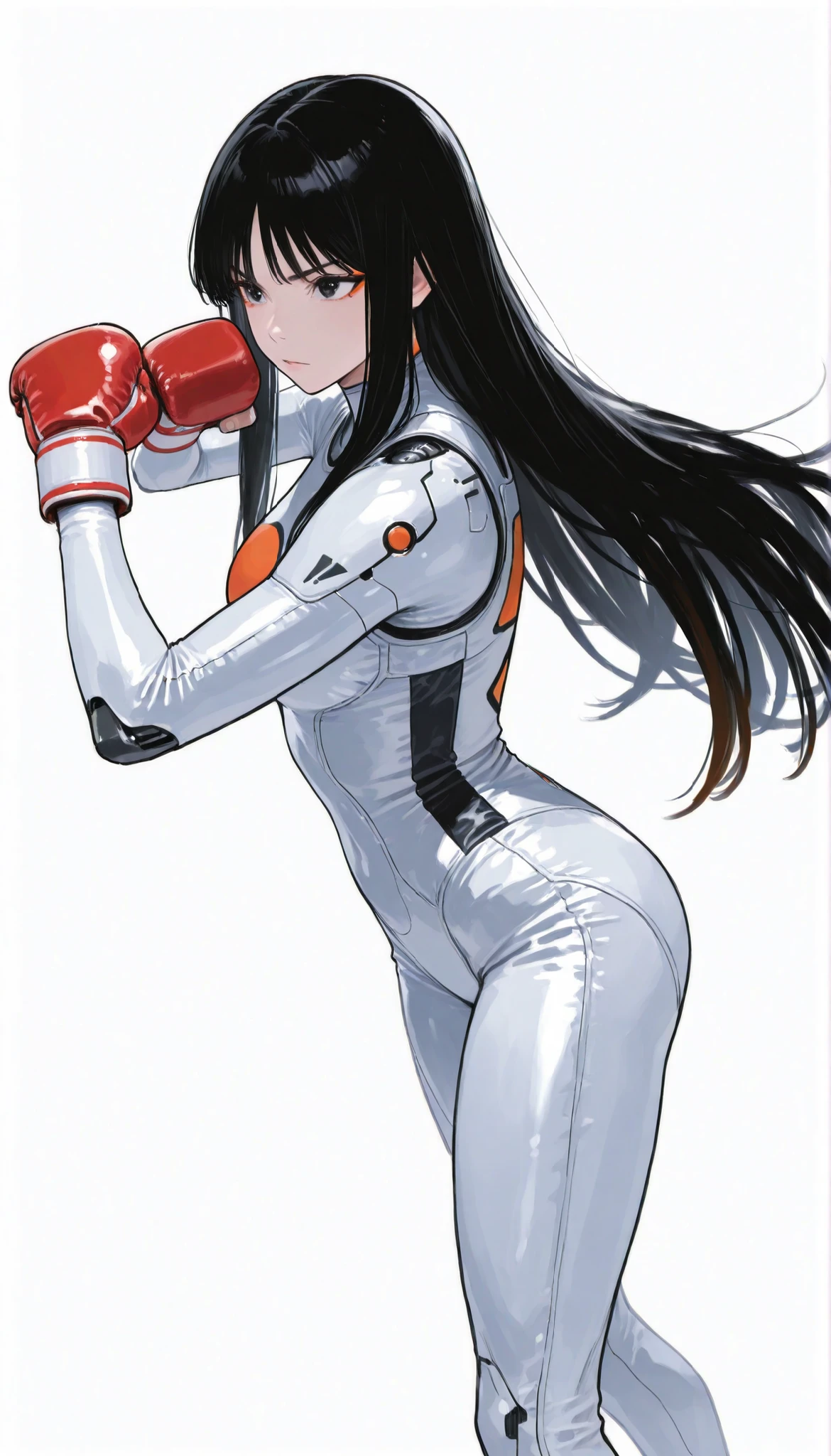 Japanese High School Girl Wearing a Bodysuit with a Futuristic Off-White Base and Orange Accents Android、long black hair,straight long hair,Chinese boxing、Pose, Dynamic Angle、Dance performance、ダイナミックなPose、white background,best image quality、4K、Precise Depiction、