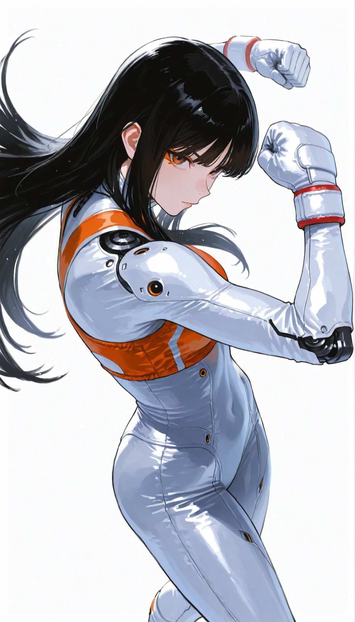 Japanese High School Girl Wearing a Bodysuit with a Futuristic Off-White Base and Orange Accents Android、long black hair,straight long hair,Chinese boxing、Pose, Dynamic Angle、Dance performance、ダイナミックなPose、white background,best image quality、4K、Precise Depiction、