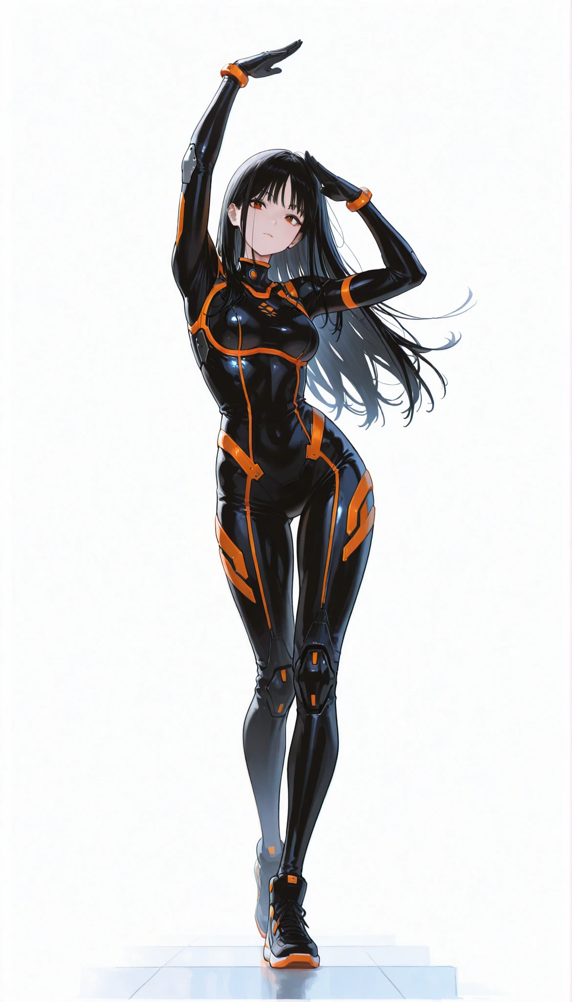 Japanese High School Girl Wearing a Bodysuit with a Futuristic Off-White Base and Orange Accents Android、long black hair,straight long hair,fighter、Pose, Dynamic Angle、Rotating Dance、ダイナミックなPose、white background,best image quality、4K、Precise Depiction、Light steps 、boldly swaying hair、Gather your mind and launch、