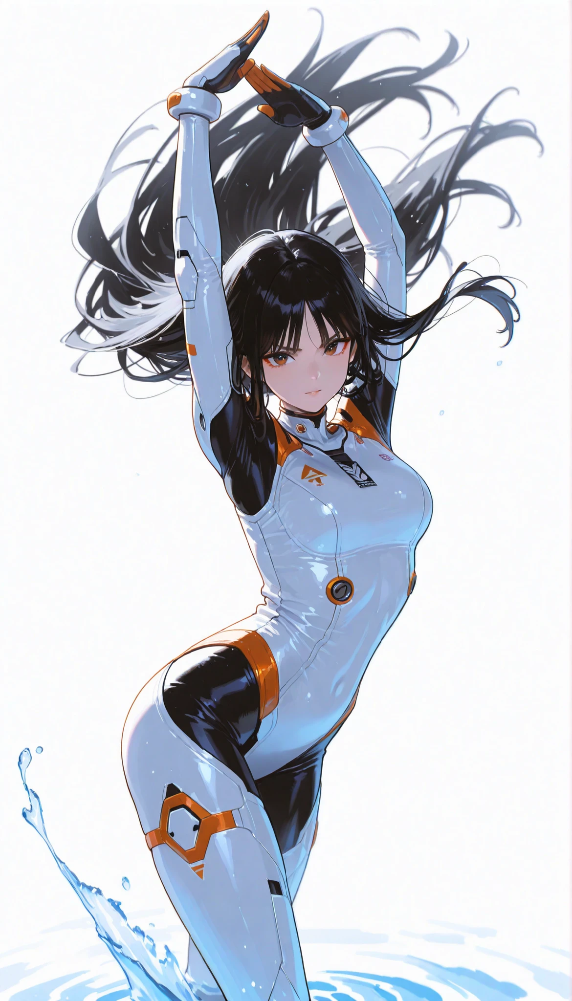 Japanese High School Girl Wearing a Bodysuit with a Futuristic Off-White Base and Orange Accents Android、long black hair,straight long hair,fighter、Pose, Dynamic Angle、Rotating Dance、ダイナミックなPose、white background,best image quality、4K、Precise Depiction、Light steps 、boldly swaying hair、jump action from the surface of the water、Dynamic、Dynamic Composition、
