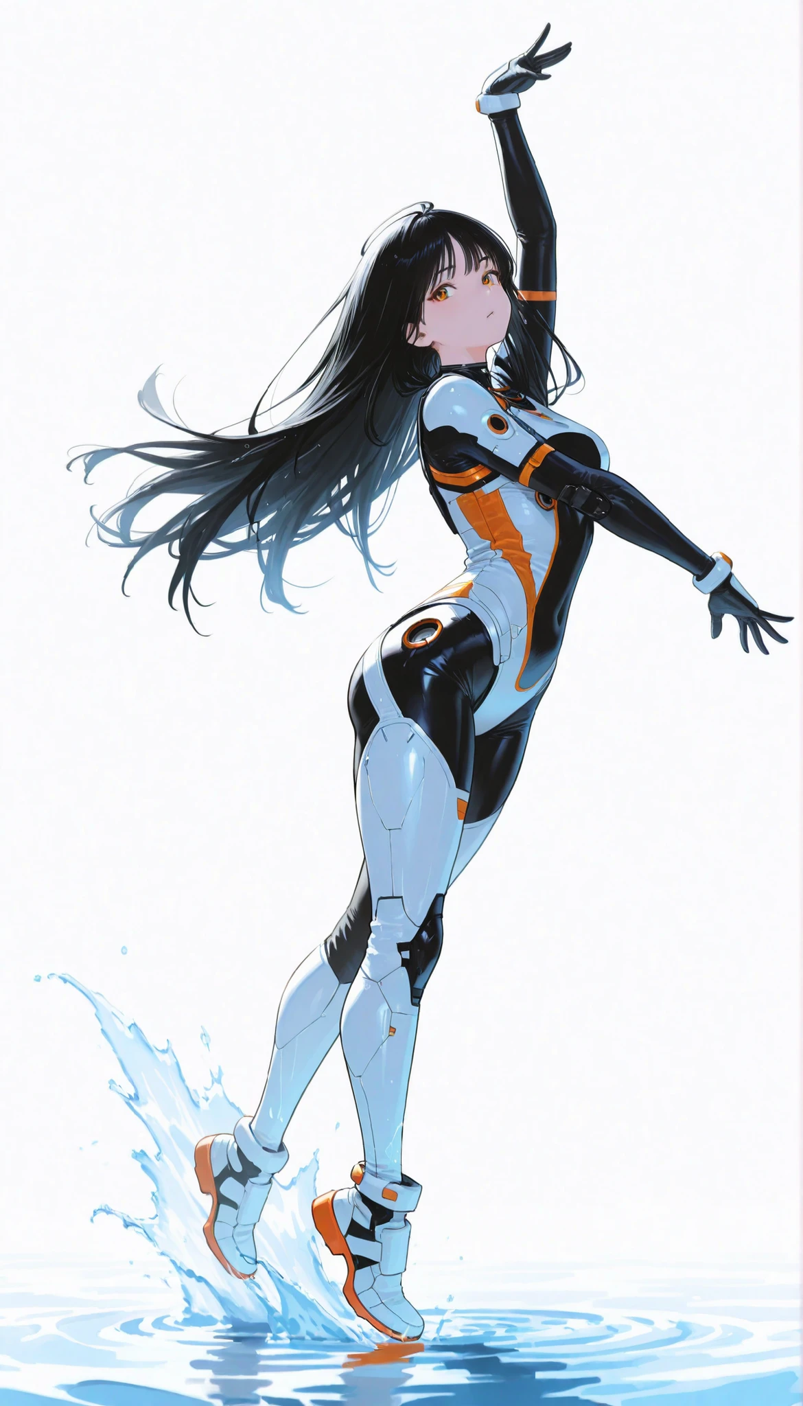 Japanese High School Girl Wearing a Bodysuit with a Futuristic Off-White Base and Orange Accents Android、long black hair,straight long hair,fighter、Pose, Dynamic Angle、ダイナミックなPose、white background,best image quality、4K、Precise Depiction、Light steps 、boldly swaying hair、jump action from the surface of the water、Dynamic、Dynamic Composition、Captured the moment of being airborne