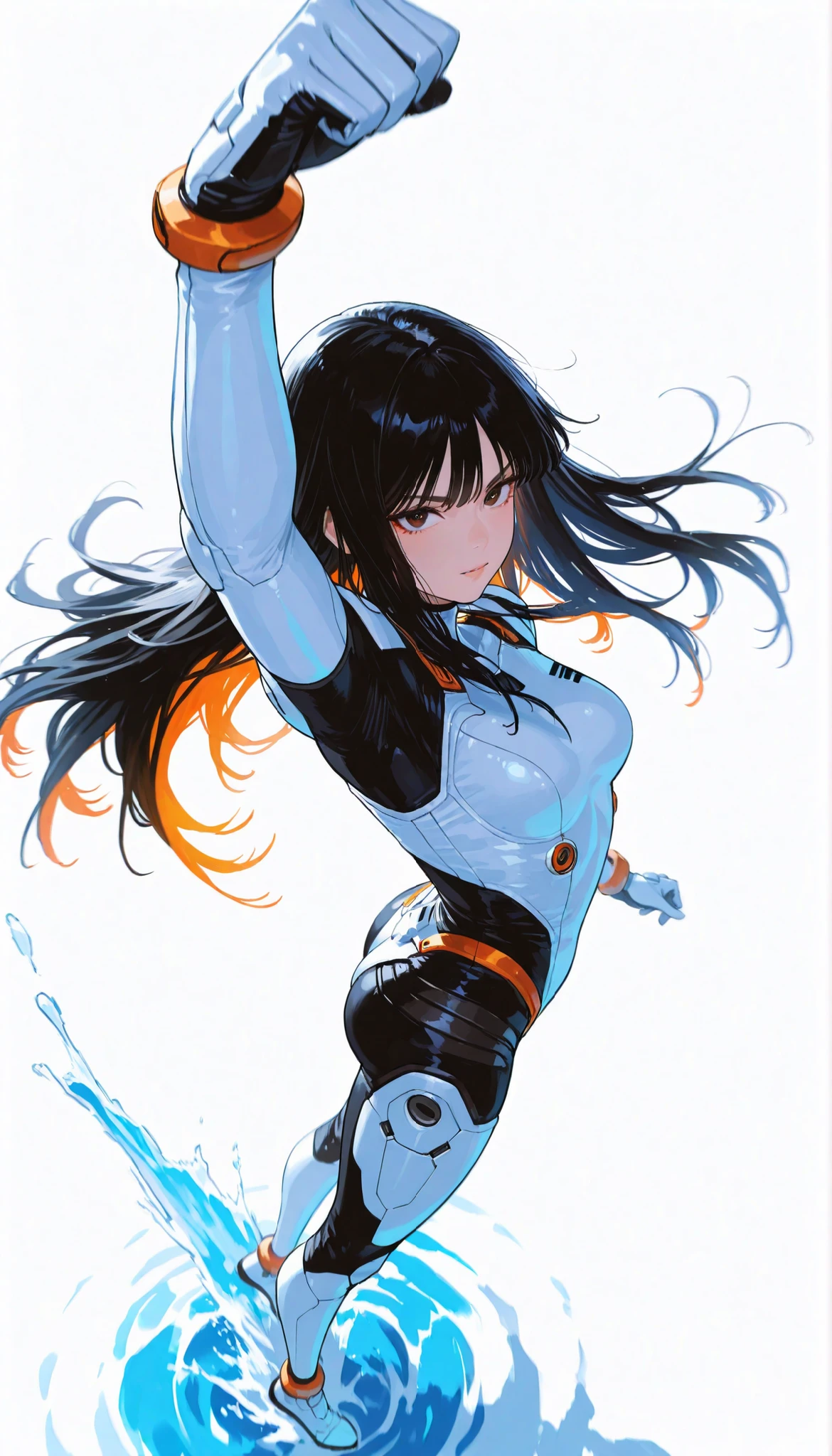  from above 、Japanese High School Girl Wearing a Bodysuit with a Futuristic Off-White Base and Orange Accents Android、long black hair,straight long hair,fighter、Pose, Dynamic Angle、ダイナミックな跳躍Pose、white background,best image quality、4Ｋ、Precise Depiction、sense of speed、boldly swaying hair、Fluttering Hair 、jump action from the surface of the water、Dynamic、Dynamic Composition、Captured the moment it rotates and stagnates