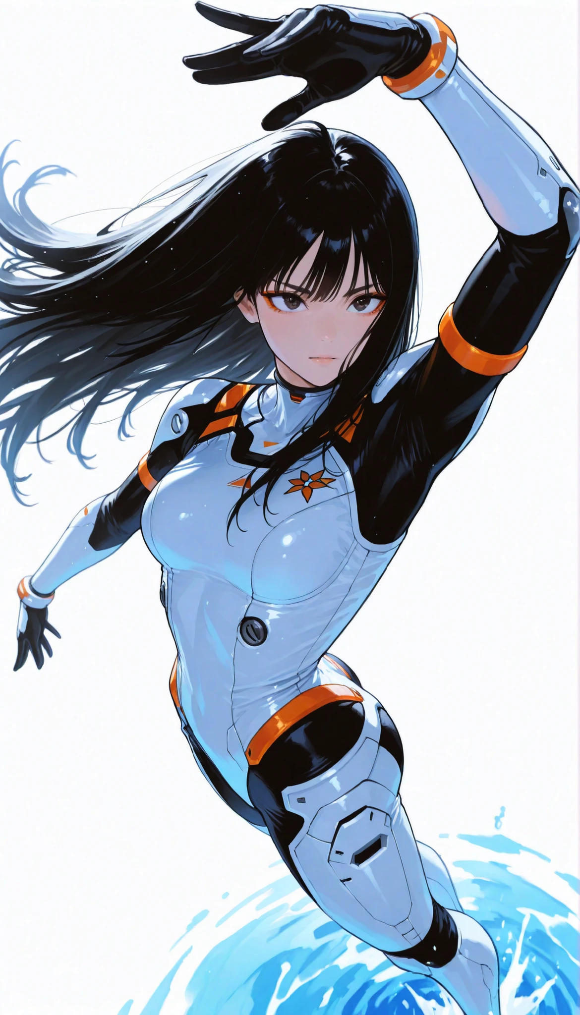  from above 、Japanese High School Girl Wearing a Bodysuit with a Futuristic Off-White Base and Orange Accents Android、long black hair,straight long hair,fighter、Pose, Dynamic Angle、ダイナミックな跳躍Pose、white background,best image quality、4Ｋ、Precise Depiction、sense of speed、boldly swaying hair、Fluttering Hair 、jump action from the surface of the water、Dynamic、Dynamic Composition、Captured the moment it danced in the air