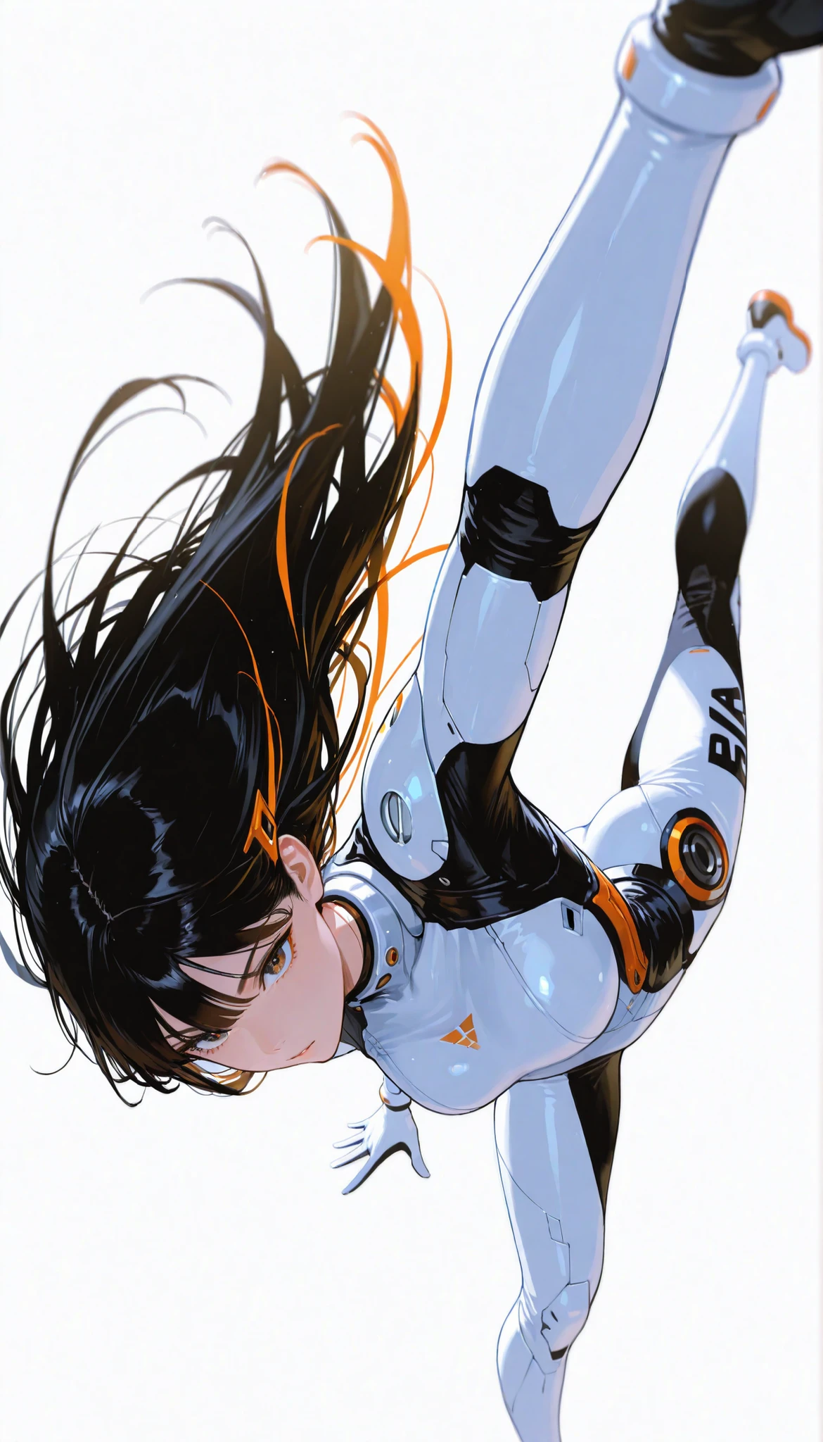 from above 、Japanese High School Girl Wearing a Bodysuit with a Futuristic Off-White Base and Orange Accents Android、long black hair,straight long hair,fighter、Dynamic Angle、dynamic leap pose that captures the moment you soar in the air、white background,best image quality、4K、Precise Depiction、sense of speed、boldly swaying hair、Fluttering Hair 、jump、Dynamic、Dynamic Composition、Captured the moment it danced in the air