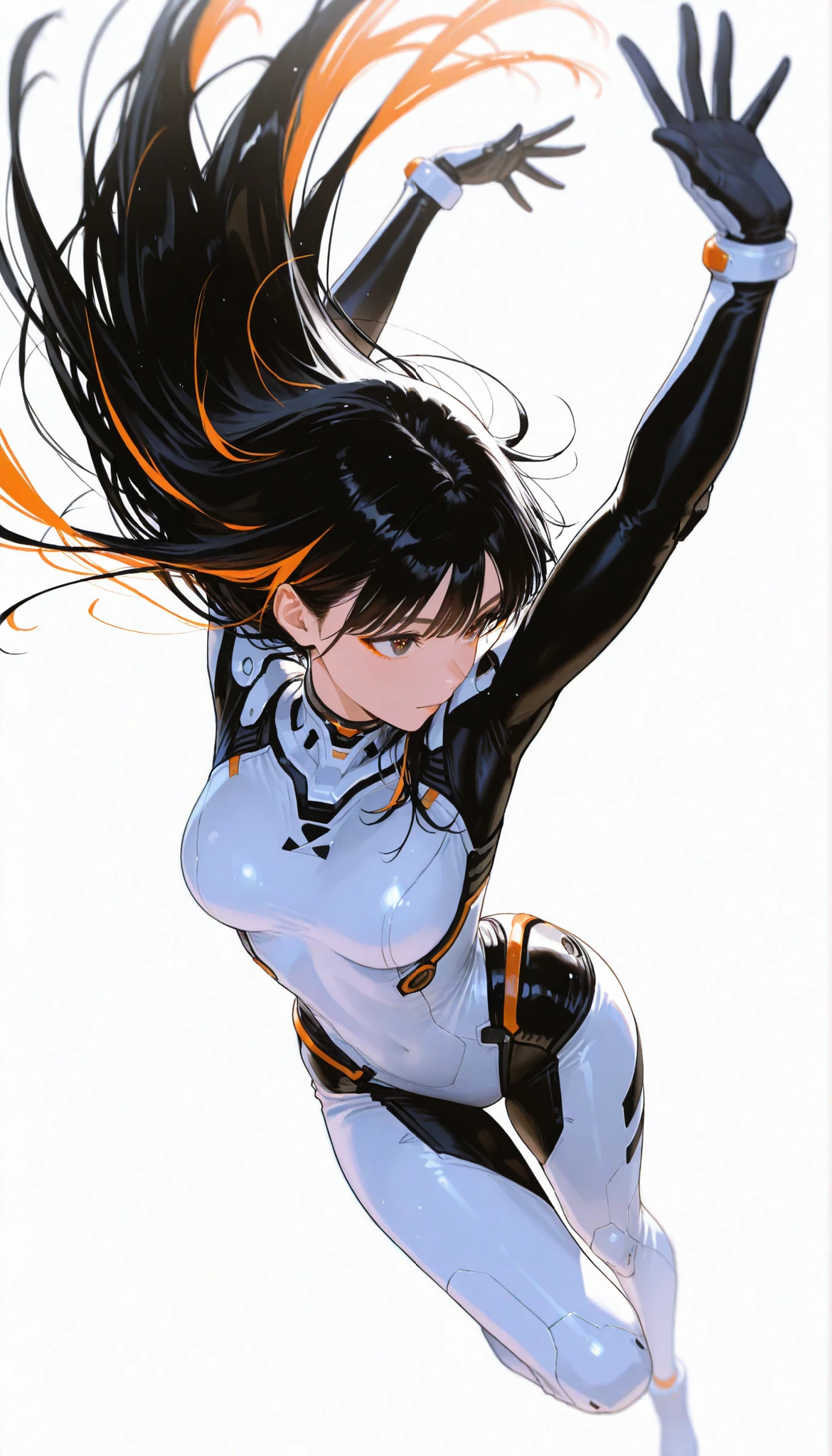 from above 、Japanese High School Girl Wearing a Bodysuit with a Futuristic Off-White Base and Orange Accents Android、long black hair,straight long hair,fighter、Dynamic Angle、dynamic leap pose that captures the moment you soar in the air、white background,best image quality、4K、Precise Depiction、sense of speed、boldly swaying hair、Fluttering Hair 、jump、Dynamic、Dynamic Composition、Captured the moment it danced in the air
