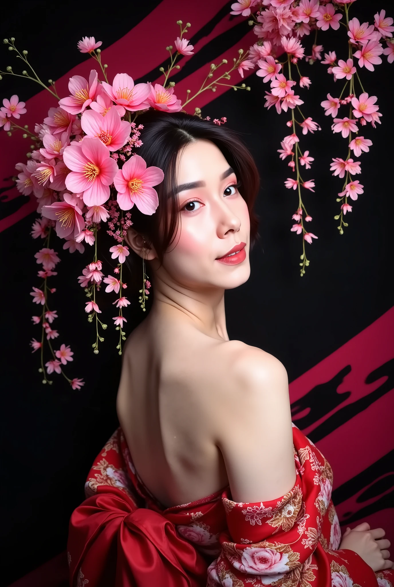 A realistic, design-oriented poster. It depicts a beautiful woman in a kimono ( muscle body) with a hairstyle resembling fresh flowers. The flowers are woven into her hair, becoming one with it. The fresh flowers are vibrant and blooming profusely. She is tilting her head and looking back at the viewer. Weeping cherry blossoms trail from her hair. The background is black with diagonal red lines