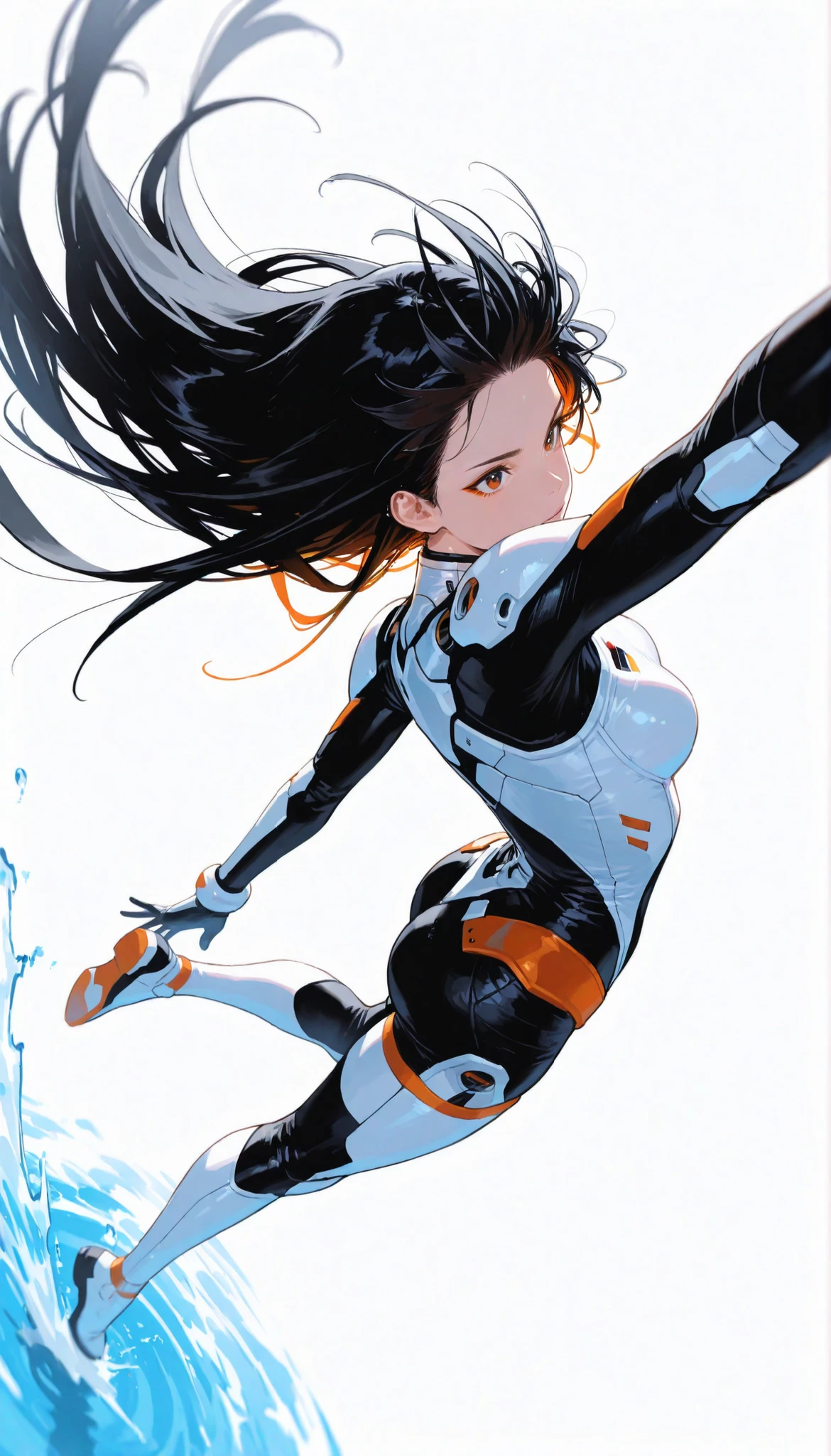  from above 、Japanese High School Girl Wearing a Bodysuit with a Futuristic Off-White Base and Orange Accents Android、long black hair,straight long hair,fighter、Dynamic Angle、dynamic leap pose that captures the moment you soar in the air、white background,best image quality、4Ｋ、Precise Depiction、sense of speed、boldly swaying hair、Fluttering Hair 、jump action from the surface of the water、Dynamic、Dynamic Composition、Captured the moment it danced in the air