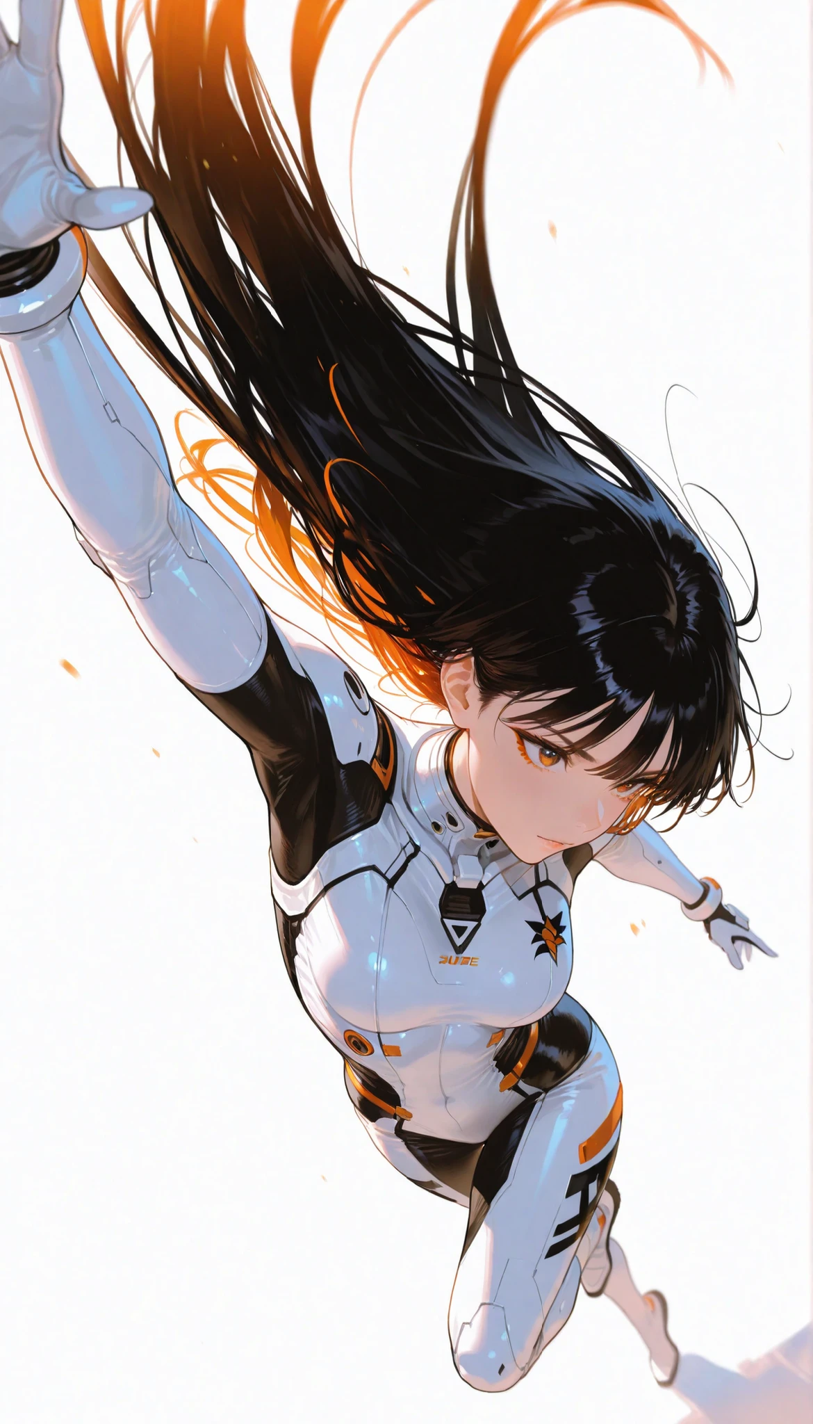  from above 、Japanese High School Girl Wearing a Bodysuit with a Futuristic Off-White Base and Orange Accents Android、long black hair,straight long hair,fighter、Dynamic Angle、dynamic leap pose that captures the moment you soar in the air、white background,best image quality、4Ｋ、Precise Depiction、sense of speed、boldly swaying hair、Fluttering Hair 、Dynamic、Dynamic Composition、Captured the moment it danced in the air