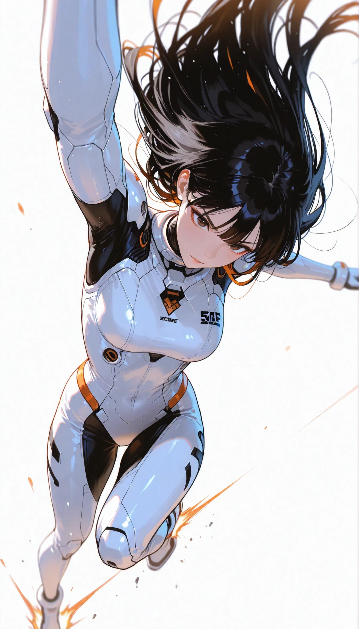 from above 、Japanese High School Girl Wearing a Bodysuit with a Futuristic Off-White Base and Orange Accents Android、long black hair,straight long hair,fighter、Dynamic Angle、Dynamic Jumping Kick Poses、white background,best image quality、4K、Precise Depiction、sense of speed、boldly swaying hair、Fluttering Hair 、Dynamic、Dynamic Composition、Captured the moment it danced in the air