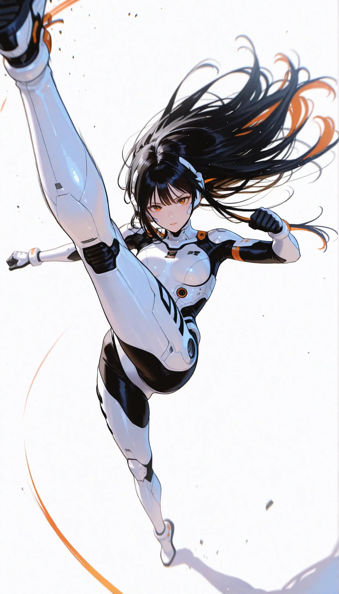 from above 、Japanese High School Girl Wearing a Bodysuit with a Futuristic Off-White Base and Orange Accents Android、long black hair,straight long hair,fighter、Dynamic Angle、Dynamic Jumping Kick Poses、white background,best image quality、4K、Precise Depiction、sense of speed、boldly swaying hair、Fluttering Hair 、Dynamic、Dynamic Composition、Captured the moment it danced in the air