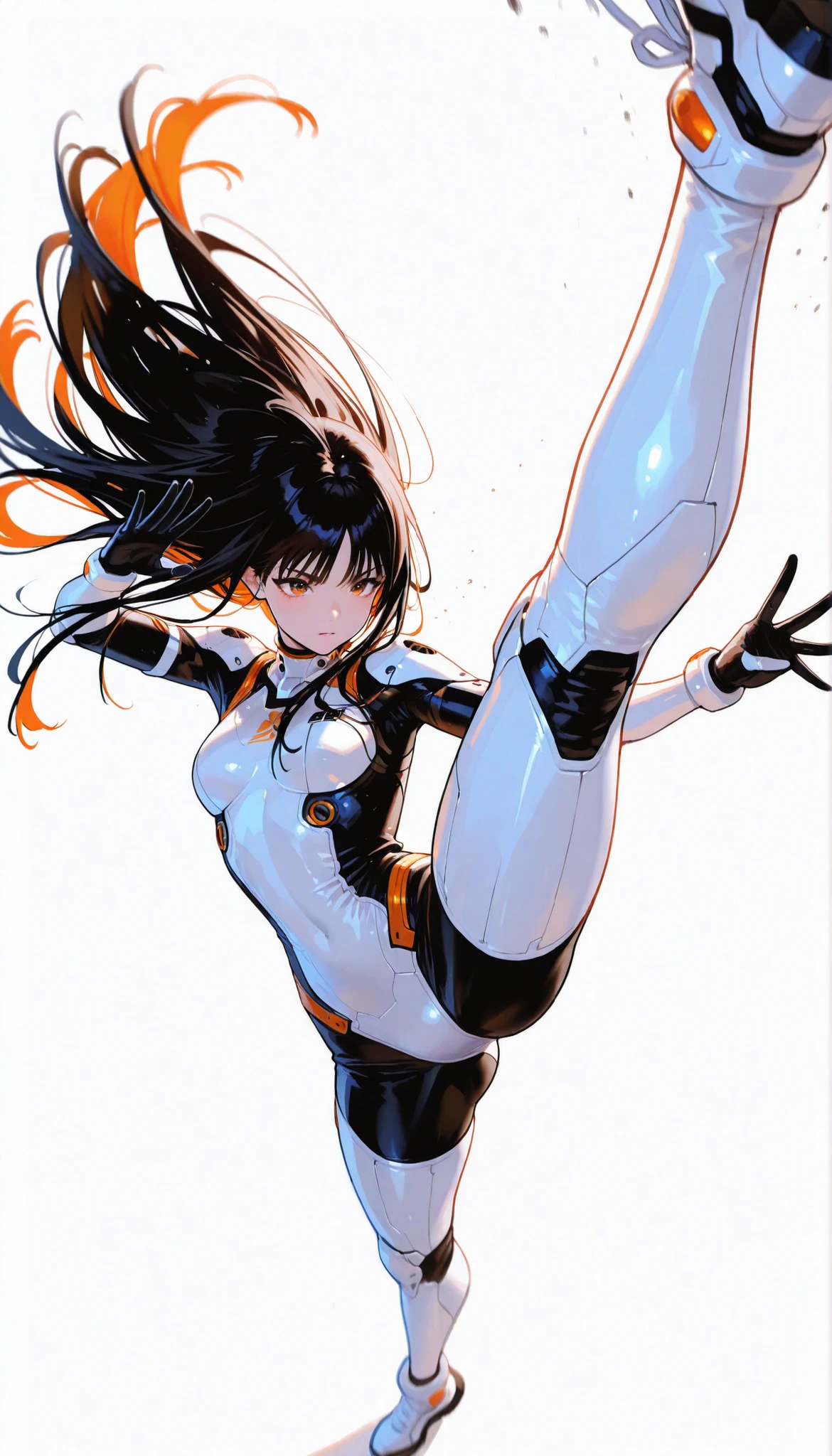from above 、Japanese High School Girl Wearing a Bodysuit with a Futuristic Off-White Base and Orange Accents Android、long black hair,straight long hair,fighter、Dynamic Angle、Dynamic Jumping Kick Poses、white background,best image quality、4K、Precise Depiction、sense of speed、boldly swaying hair、Fluttering Hair 、Dynamic、Dynamic Composition、Captured the moment it danced in the air