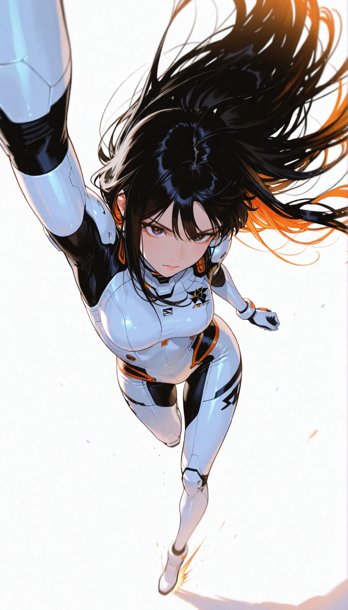  from above 、Japanese High School Girl Wearing a Bodysuit with a Futuristic Off-White Base and Orange Accents Android、long black hair,straight long hair,fighter、Dynamic Angle、Dynamic Jumping Kick Poses、white background,best image quality、4Ｋ、Precise Depiction、sense of speed、boldly swaying hair、Fluttering Hair 、Dynamic、Dynamic Composition、Captured the moment it danced in the air