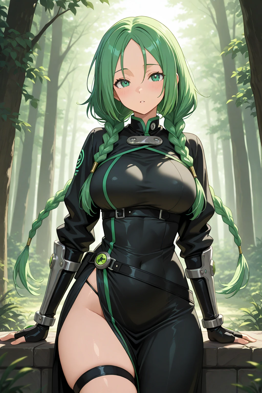 [[1 boy, brown hair, brown pants, , a bracelet on his arms, a backpack on his back, with a boot, a belt with a sword)),((muscle)),((yellow eyes, happy face]],[1 cyborg woman, one bionic arm,((gigantic breasts,  breasts,  ,  breasts, grabbing breasts)),((green hair)),((1 red eye and 1 black eye, Desperate face)) ,((In a haunted forest, at night],