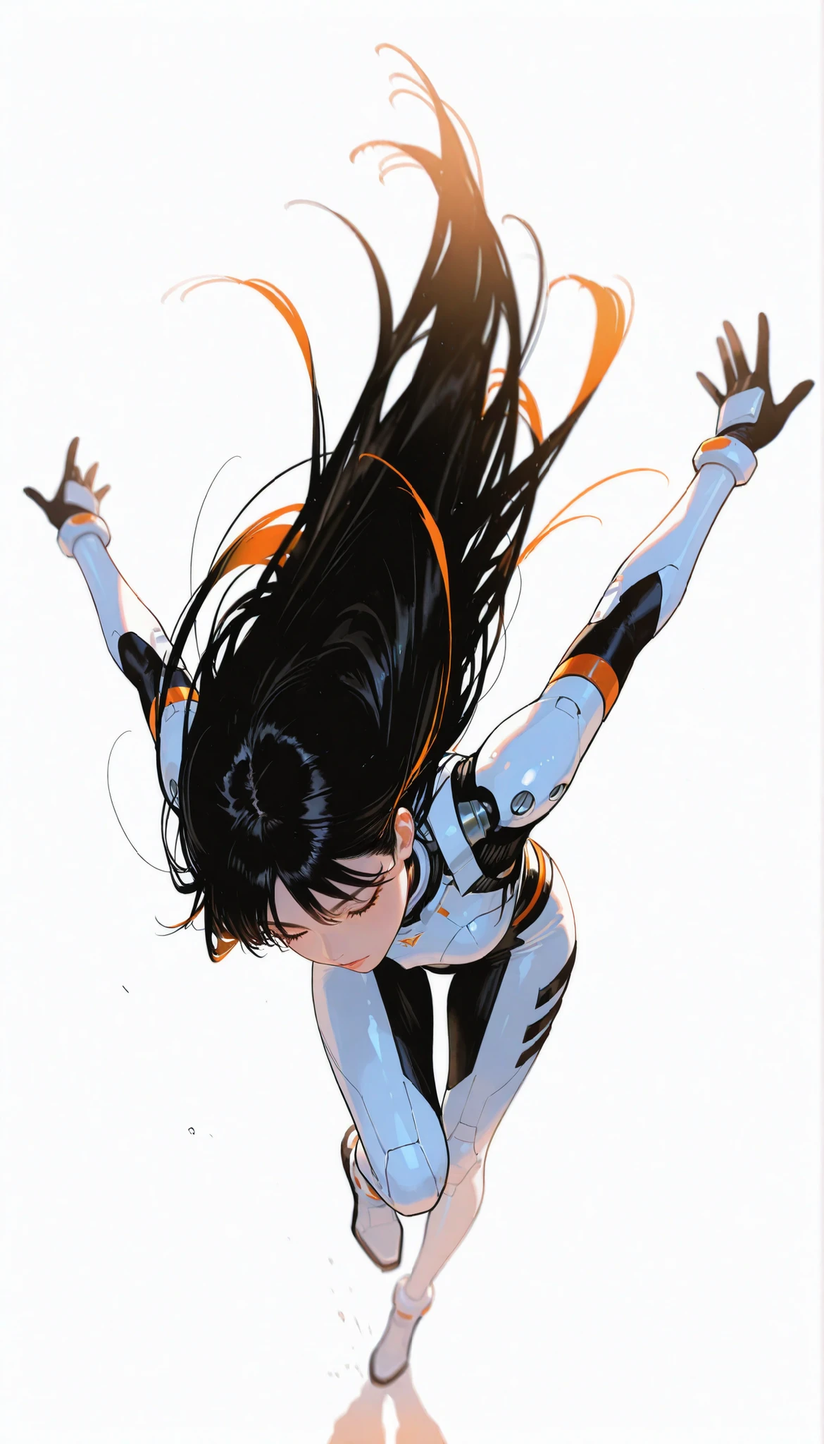 from above 、Japanese High School Girl Wearing a Bodysuit with a Futuristic Off-White Base and Orange Accents Android、long black hair,straight long hair,fighter、Dynamic Angle、Dynamic Leap、white background,best image quality、4K、Precise Depiction、sense of speed、boldly swaying hair、Fluttering Hair 、Dynamic、Dynamic Composition、Captured the moment it danced in the air