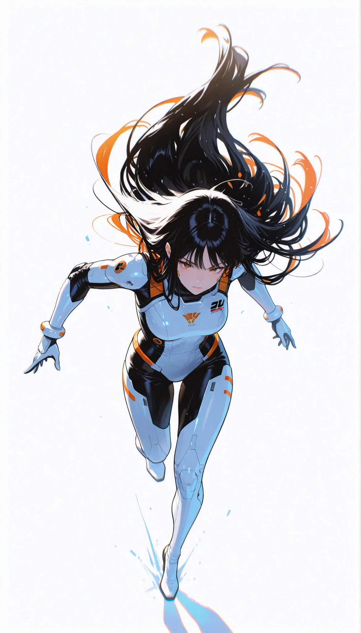 from above 、Japanese High School Girl Wearing a Bodysuit with a Futuristic Off-White Base and Orange Accents Android、long black hair,straight long hair,fighter、Dynamic Angle、Dynamic Leap、fall from a height on the background、white background,best image quality、4K、Precise Depiction、sense of speed、boldly swaying hair、Fluttering Hair 、Dynamic、Dynamic Composition、Captured the moment it danced in the air