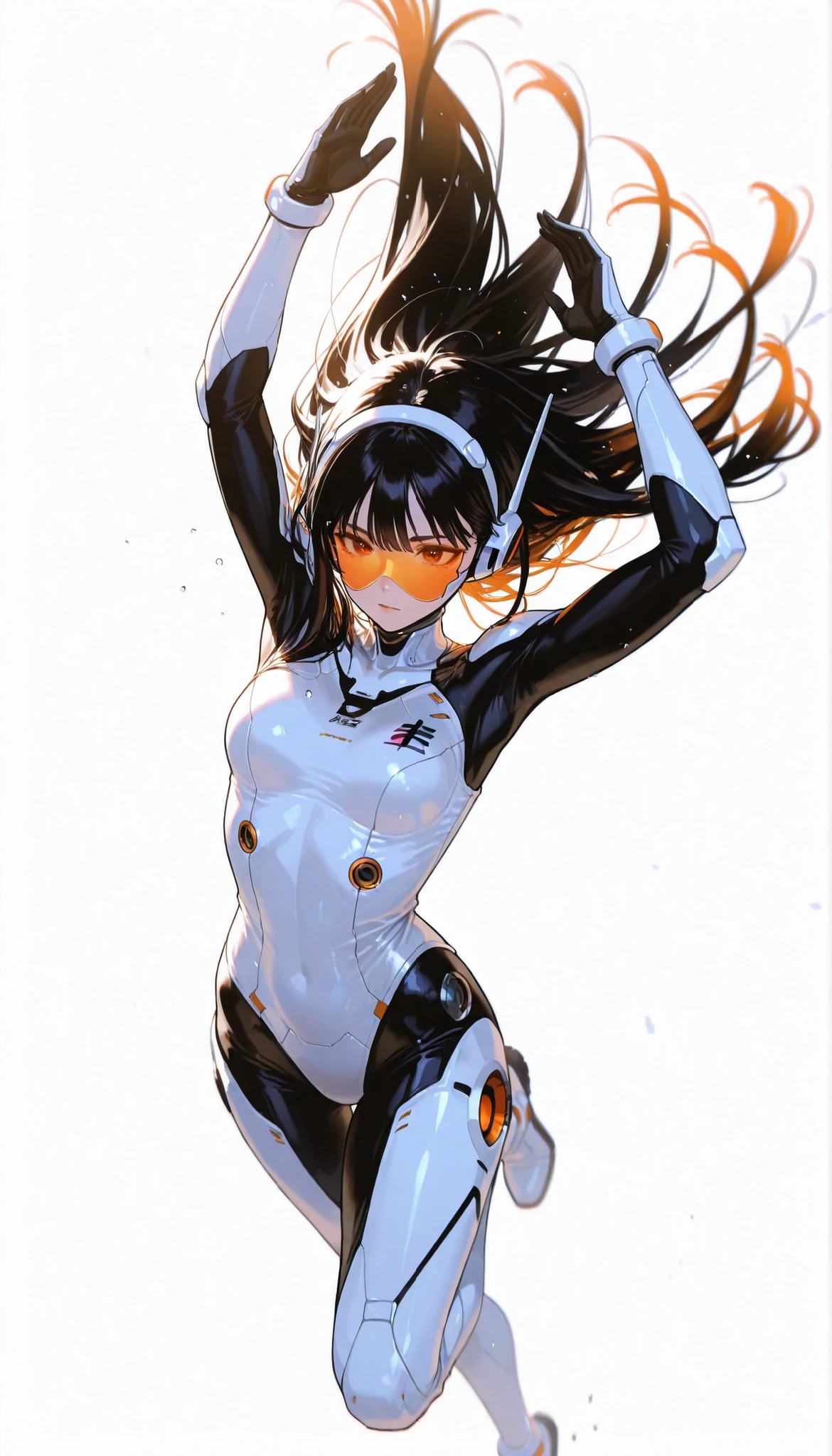 from above 、Japanese High School Girl Wearing a Bodysuit with a Futuristic Off-White Base and Orange Accents Android、long black hair,straight long hair,fighter、Dynamic Angle、Dynamic Leap、fall from a height on the background、white background,best image quality、4K、Precise Depiction、sense of speed、boldly swaying hair、Fluttering Hair 、Dynamic、Dynamic Composition、Captured the moment it danced in the air