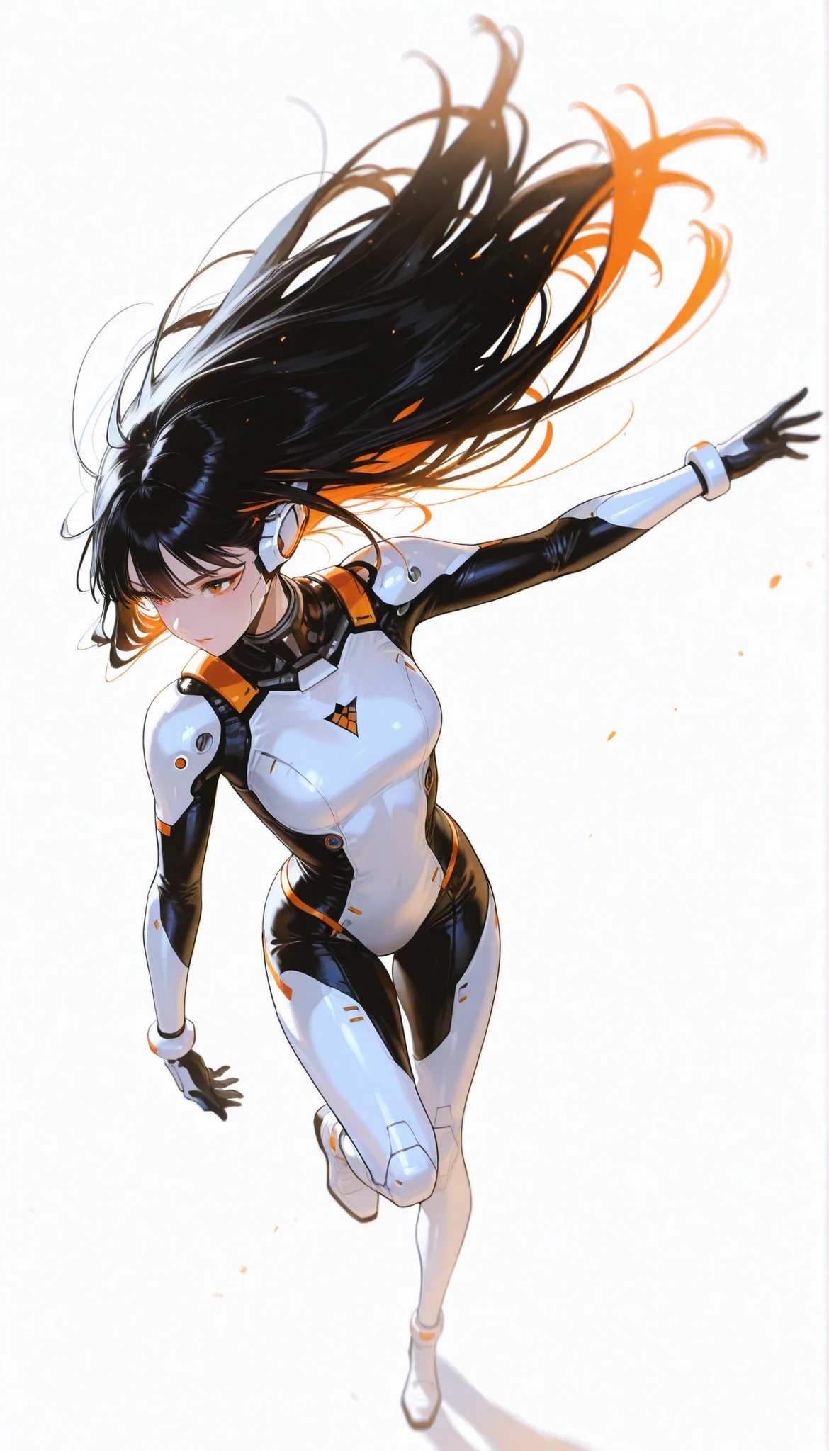 from above 、Japanese High School Girl Wearing a Bodysuit with a Futuristic Off-White Base and Orange Accents Android、long black hair,straight long hair,fighter、Dynamic Angle、Dynamic Leap、fall from a height on the background、white background,best image quality、4K、Precise Depiction、sense of speed、boldly swaying hair、Fluttering Hair 、Dynamic、Dynamic Composition、Captured the moment it danced in the air