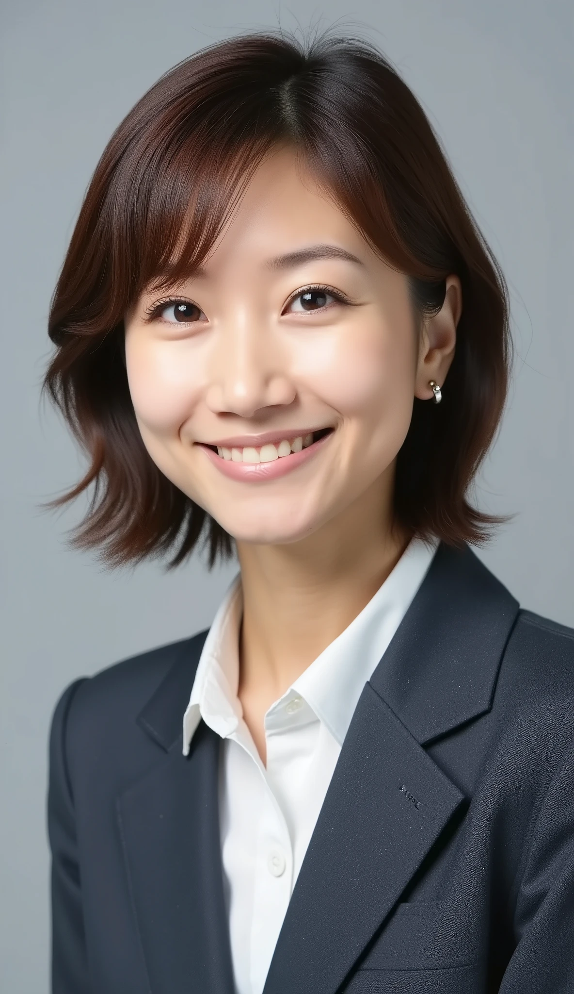 Passport photo of a neat young woman、looking in front、、looking at the camera、office lady suit、jacket、shirt、ear piercings、、 、hairstyle short hair、smile showing teeth、、face close-up、grey background、