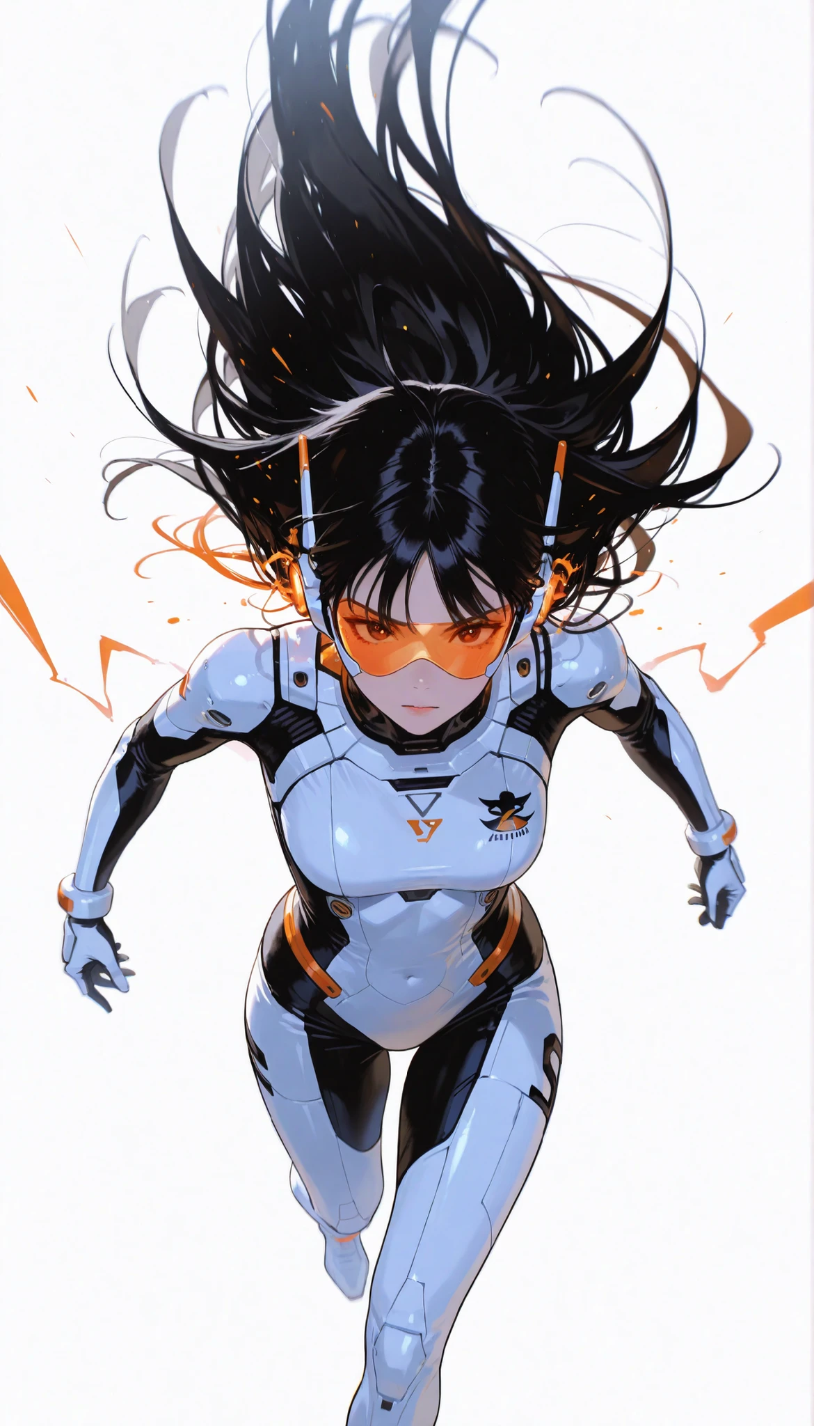 from above 、Japanese High School Girl Wearing a Bodysuit with a Futuristic Off-White Base and Orange Accents Android、long black hair,straight long hair,fighter、Dynamic Angle、Dynamic Leap、jump、white background,best image quality、4K、Precise Depiction、sense of speed、boldly swaying hair、Fluttering Hair 、Dynamic、Dynamic Composition、Captured the moment it danced in the air