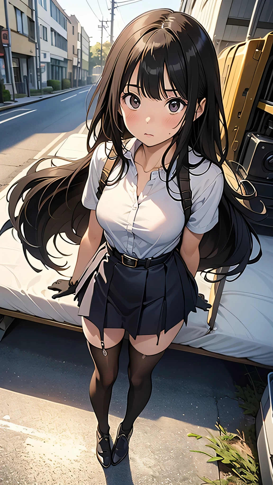 ​masterpiece、flat-colors、depth of fields、lens flare 1 girl、、Brown hair、watching at viewers　　　black suspenders　　　Bulging big breasts　　 　 　　　walls: 　Black 　garters　　　　　　Gaze　　　Small face　bangss 　　　holster　　Belt Armament　Beautuful Women　srestrained　hands up　Lying in bed　Leg holster lying on the bed　　Gaze 　Black boots