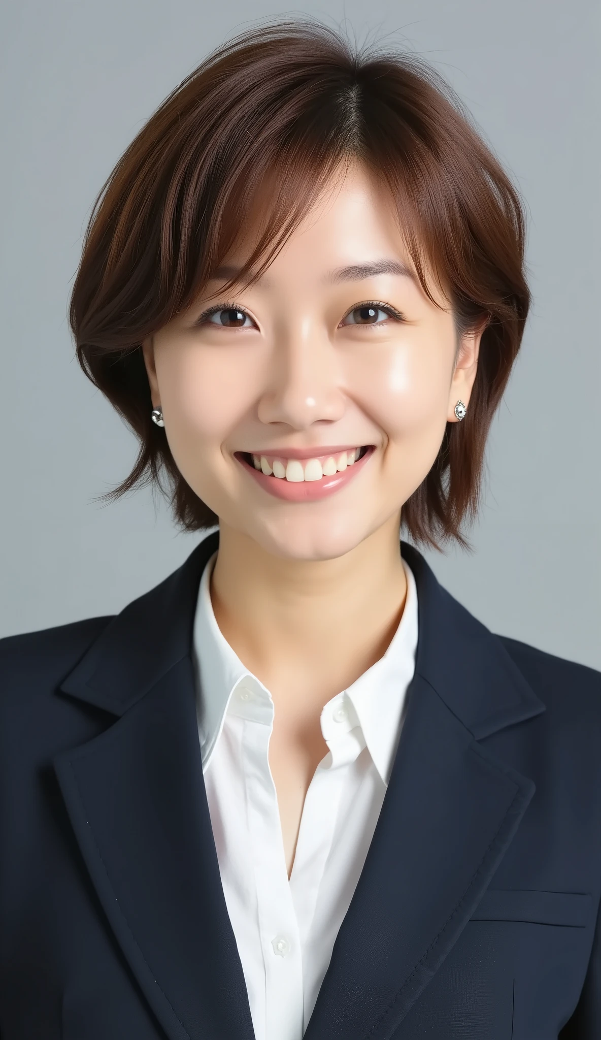 Passport photo of a neat young woman、looking in front、、looking at the camera、office lady suit、jacket、shirt、ear piercings、、 、hairstyle short hair、smile showing teeth、、face close-up、grey background、