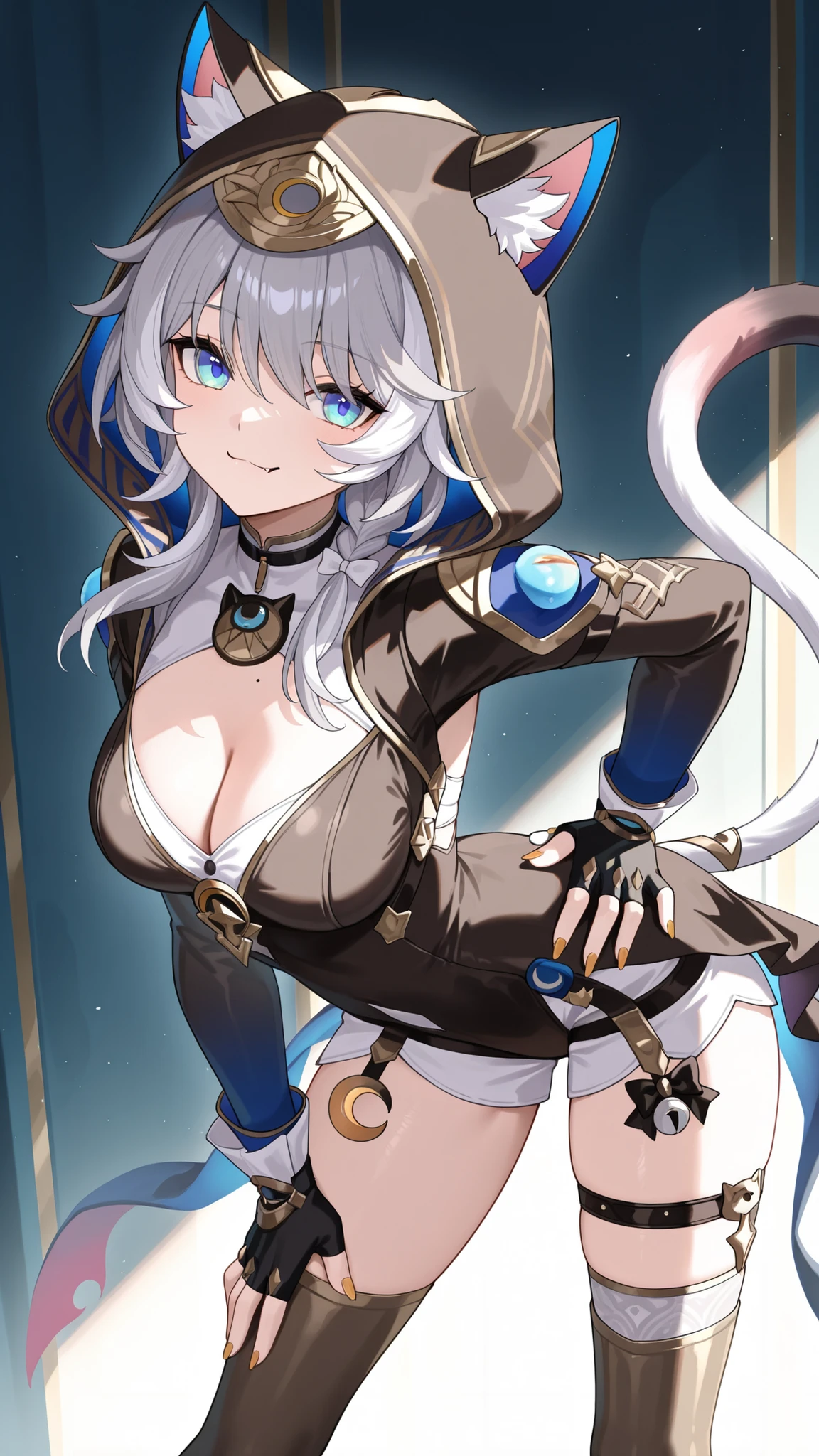 masterpiece,best quality,highre,ultra-detailed,detailed illustration,source_anime,1girl,solo,cipher \(honkai star rail\),tail, grey hair,blue eyes, gloves, animal ears, hood, cat tail, cat ears, hood up, black gloves, fingerless gloves, cat girl, animal hood, shorts, cleavage, braid, cat hood, long sleeves, thighhighs, thigh strap, medium hair, clothing cutout, cleavage cutout,smile,fang,contrapposto, arched back, hand on hip, legs apart,hand on own thigh,