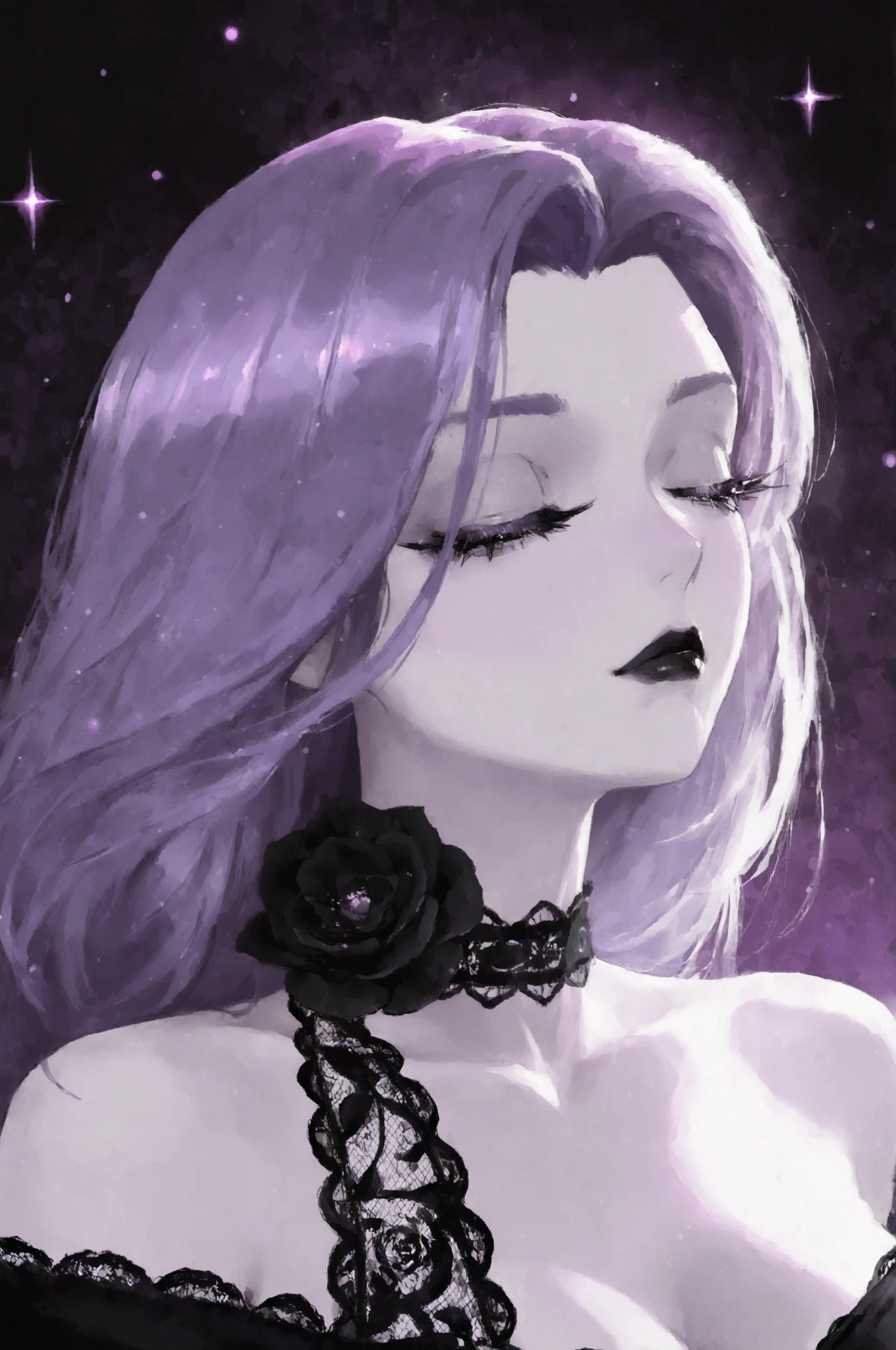 (woman:1.2), (pale skin:1.3), (long light-purple hair:1.2), closed eyes, black lipstick, wearing a black choker, intricate black lace dressy black roses, dreamy expression, looking upwards, soft lighting, anime style, digital art, sharp focus, (intricate details:1.2), (detailed eyelashes:1.3), glowing stars in the background, elegant aesthetic, soft color palette of purple and black, quality, 8k resolution, (atmospheric lighting:1.1).