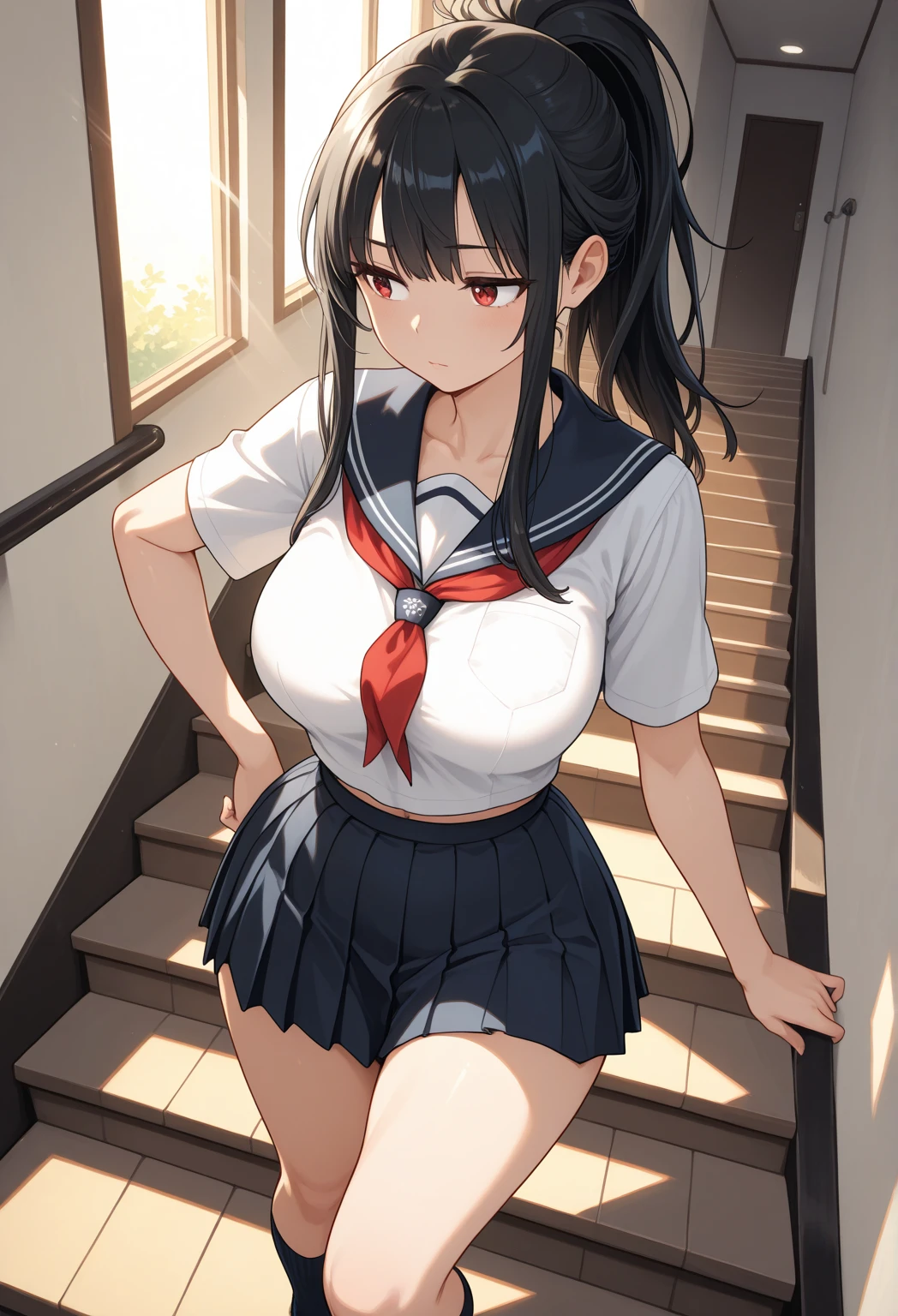 highest quality,wonderful,finely,extremely detailed CG Unity 8K wallpaper, (1 girl,black hair, blue eyes,double bun), (medium breast:1.2), (sailor uniform:1.1), (open mouth:1.2), (long tongue:1.2), (mouth drool:1.2), (black stockings:1.1),(Thighs),(constriction),(standing:1.2),(written boundary depth)