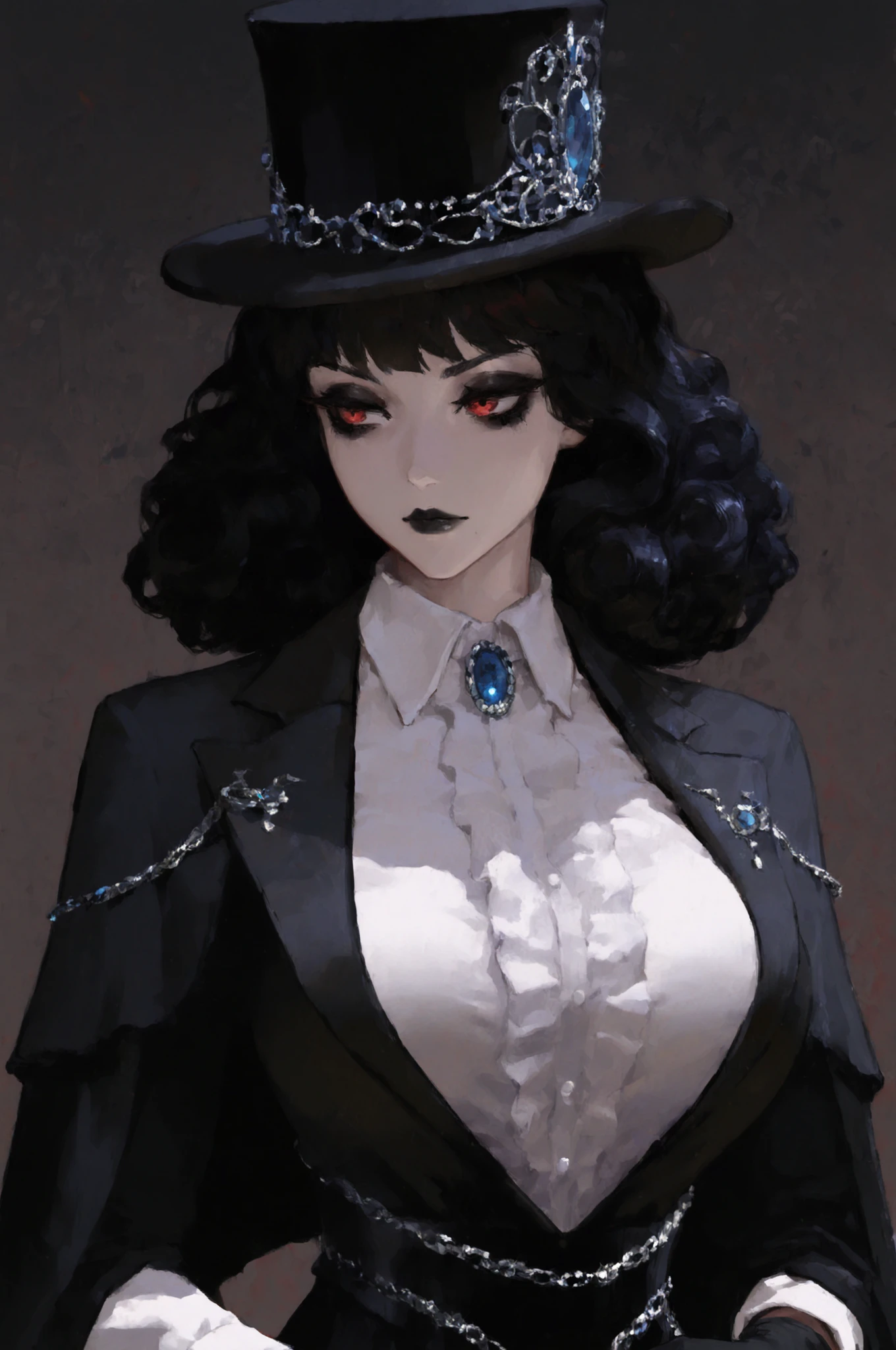A highly detailed digital illustration of a mysterious woman with striking red, curly hair, partially covered by a large, dramatic black top hat. She has piercing, intense eyes with dark makeup, a pale complexion, and a contemplative expression, with her finger gently touching her lips. She is dressed in a gothic-inspired outfit with a high-collared white shirt, adorned with a large, ornate blue gemstone brooch, black gloves, and layered chains. The background is muted and abstract, emphasizing her enigmatic presence. The overall style is dark, elegant, and slightly surreal, with a focus on contrast and intricate details.