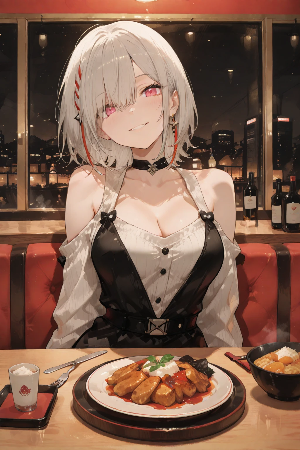 A MILF, femele, large full ???????, huge-breasted, ????? Enormes, maturefemale, heavy ???????, Short hair, (silber hair), Fair-skinned woman, Orange Eyes, big butts, Curved waist, ????? placed on the table, Put your chin on your hand, put your shoulders on the table, , look at viewr, sweater bra end, Sensual neckline, peitos fartos, ????? larger than head, Face Madura, curvaceous woman, thick thight, voluptuous woman, Black belt, Delicate gloves, Introducing brass strap, Soft ???????, Women's value, Mom's ???????, mommy, A charming expression, imposing woman, high-waisted jeans, fabric sweater, bulli, Sitting on a chair in a restaurant, meeting, One-person viewpoint, in front of suitors, Bobo's smile, Mind on the head, plate with food on the table, Candle lighting, In an elegant restaurant, Glass of wine on the side, Sitting in front of the viewer, (Sitting at a table in a restaurant), upperbody shot, Partially visible body, Crowded restaurant in the background, during night, Romantic mood, silber hair