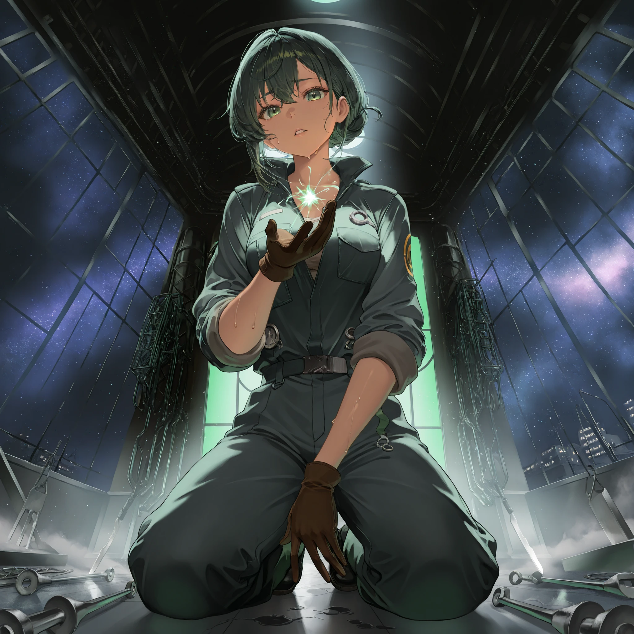 a beautiful female mechanic illuminated by moonlight, kneeling beside a damaged spacecraft in a space center.
angle from below, dramatic perspective emphasizing her determined posture and the size of the ship.
her hands are stained with oil, wearing gloves, sweat glimmers on her brow, and faint sparks from her tools reflect in her green eyes.
she wears a dark green work jumpsuit, sleeves rolled up, surrounded by scattered tools, glowing wires, and metal panels.
the moonlight enters from a high window, casting a soft silver glow over her and the ship’s curved metallic surface.
particles of dust float in the air, adding depth and atmosphere.
cinematic lighting, expressive posture, moonlit contrast, detailed reflections, melancholic yet hopeful mood, anatomically correct