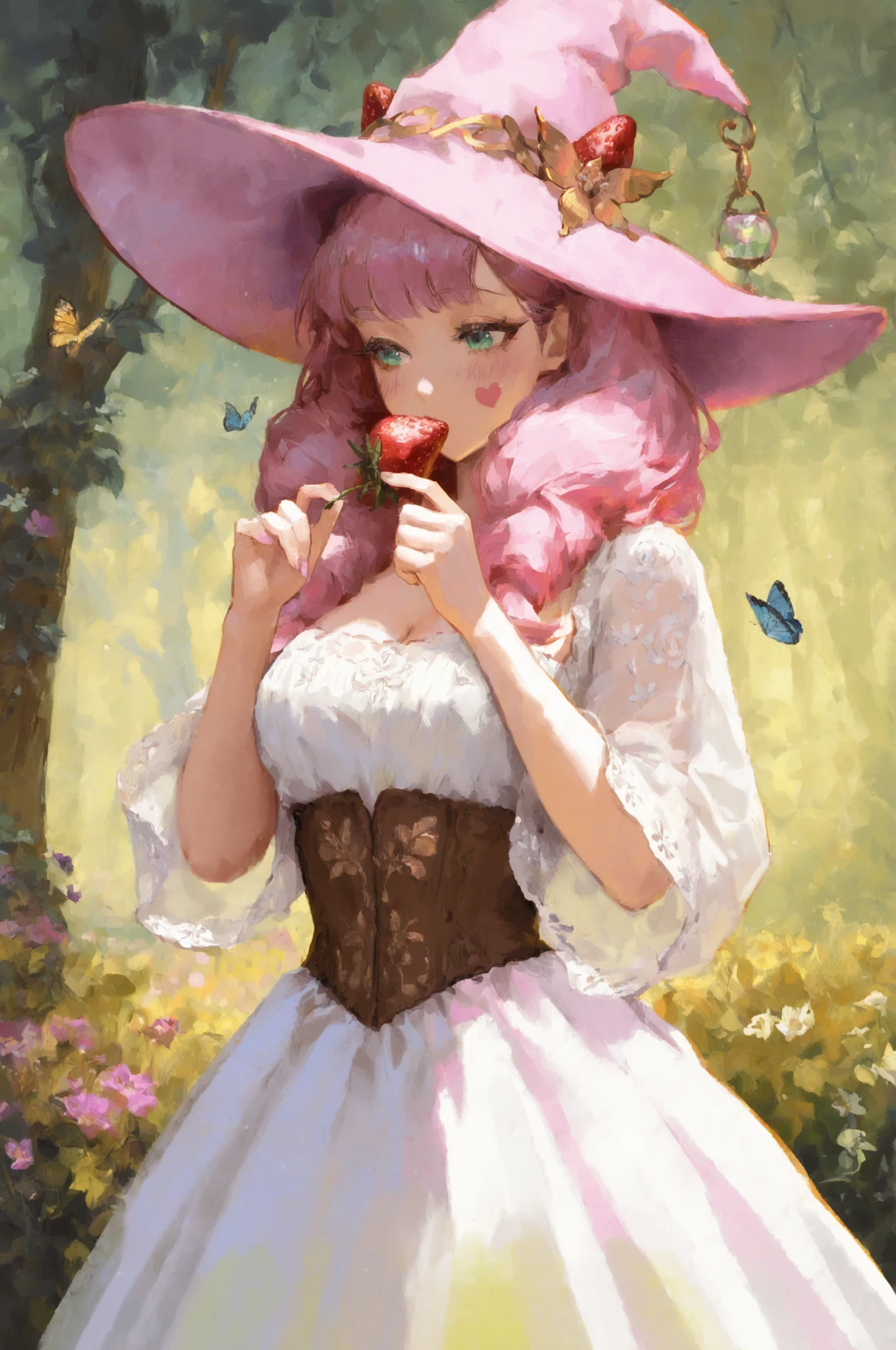 A digital illustration of a anime-style girl with pink hair, wearing a pink witch hat adorned with strawberries, a floral, corset-style dress with sheer sleeves and lace detailing, and rosy cheeks; her bright green eyes and soft features set against a pastel forest background filled with flowers and butterflies. The artwork is characterized by a soft, painterly style and delicate, pastel color palette, with a focus on vibrant pinks, greens, and golds,masterpiece, best quality,absurdres