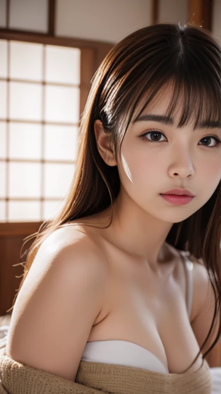 masterpiece、In 8K、RAW photo、（realistic:1.4）、high resolution mouth、eyes are high definition、shiny skin、Big eyes、round face,double eyes、puffy eyes、medium  women、half open mouth、provocative look、one woman、25 years old, self snap、Bold and  pose、put your hands behind your head、Upper body、woman wearing glasses、film grain、movie light、expressive: calm expression,gentle smile, soft eyes,Plump,Okame'hairstyle: Natural long hair stands out: Posture dressed in soft brown clothes: Break girl standing quietly,alone、University Indoor