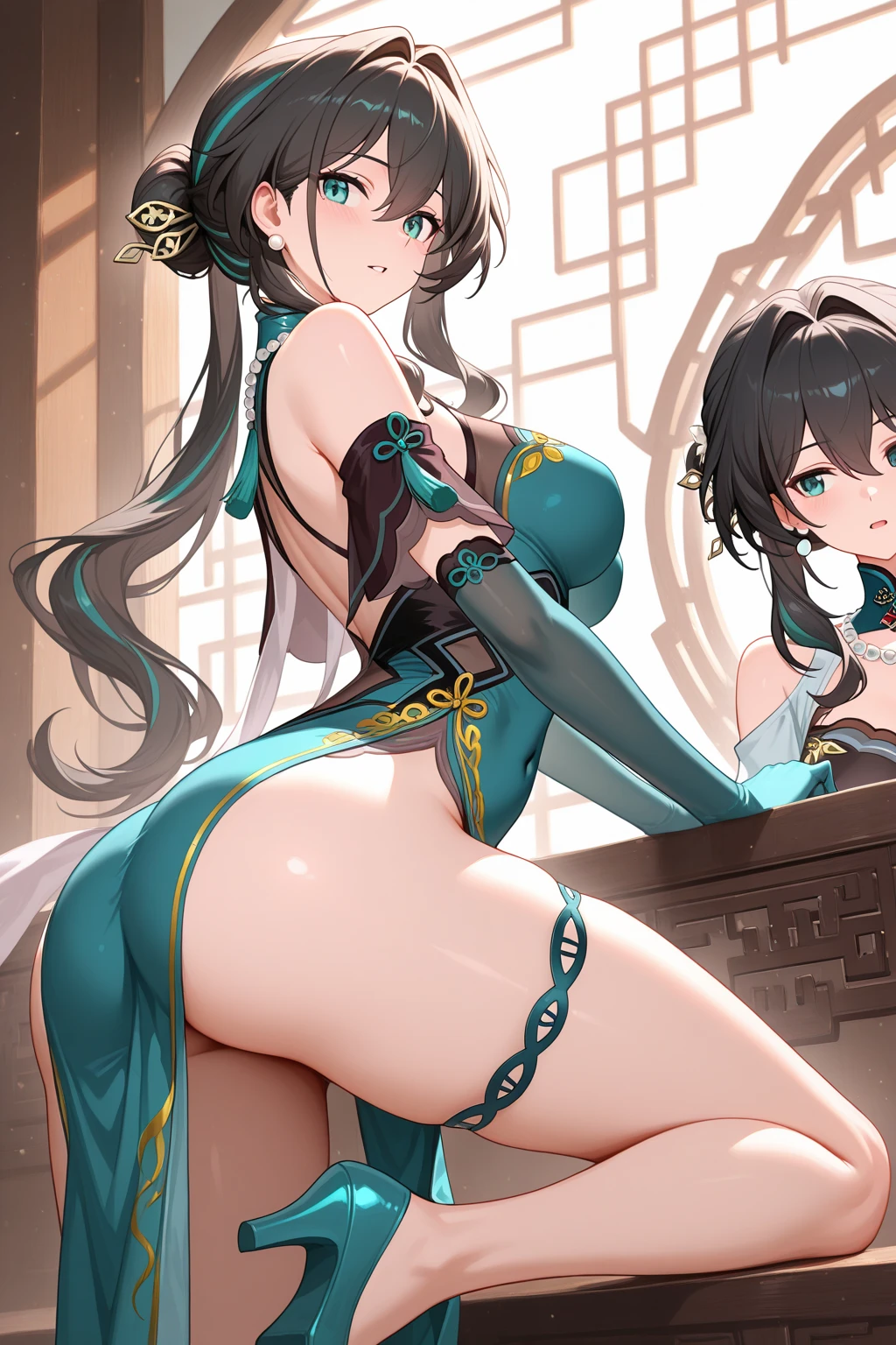 (((best quality))), ((ultra-detailed)), ((an extremely delicate and beautiful)), ((16k)), realistic, hd, cgi, gleaming hair, gleaming skin, gleaming dress, Character focus, solo, standing pose, strong light coming in, sharp focus, illustration, game cg, anime, solo, curvy, (???????????:1.3), forehead, ( white gold lining Chinese Lace Up Cheongsam Open ????? Bodycon Dress ????????? Qipao mini), faste collarbone, (belly:0.9), looking at the viewer, ocean, flower hair ornament, accessories, backlighting, shiny skin, shiny body, chibi, gloves, necklace, jewellery, black-brown hair, bead necklace, red faded into black colored hair, brown eyes, long hair, black bunny ears, red ombre hair, red-black hair, more yellow hair streaks, smaller dress, mommy goddess, looking back, lean back
