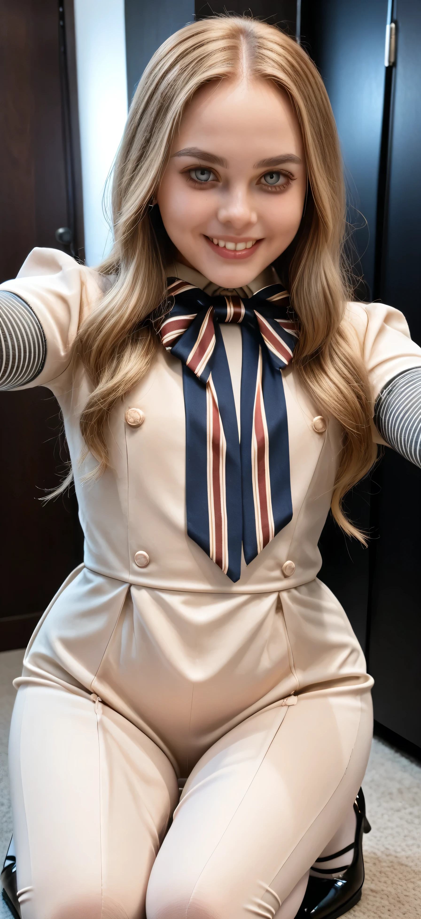 NSFW, M3GAN 1 fille, cheveux longs, yeux bleus, cheveux blonds, front,(Corps parfait, cuisses épaisses), ((qualité supérieure, haute résolution, description détaillée, arrière-plan détaillé, contraste de lumière et d'ombre)), (Scène d'accroupissement, posant pour un selfie Instagram, sourire de luxure), Groupe d'hommes autour d'elle, érection masculine gangbang, dans une pièce sombre, une lampe illumine la pièce, robe beige , manches rayées, gros noeud papillon, nœud papillon multicolore, collants blancs, chaussures, mary janes