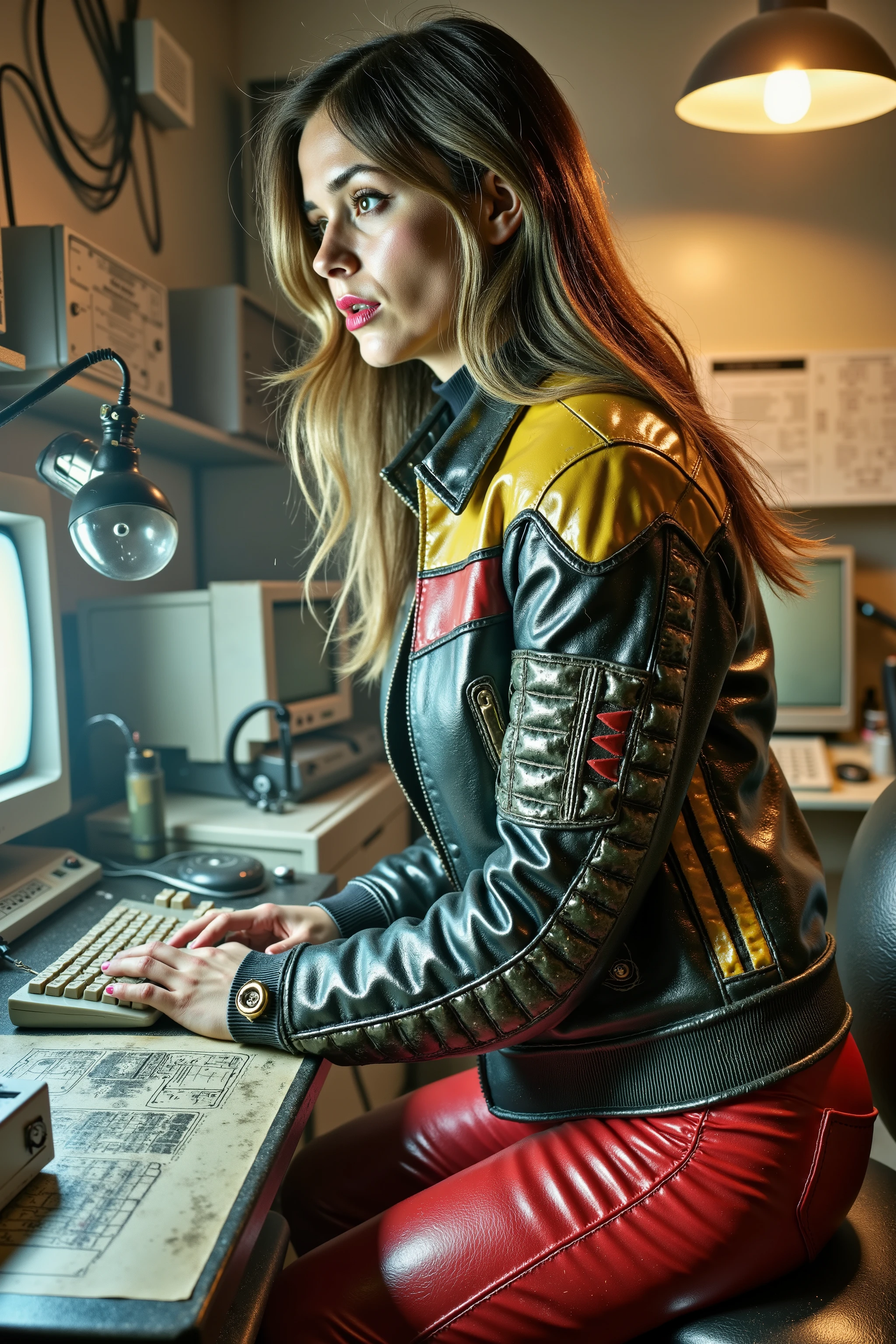 In a darkened garage late at night, a 35 year old female wearing a black 1970swornbluwhtcfrcrjkt with red chest and shoulders, the jacket has a yellow stripe across the middle, the woman’s jacket is extensively worn with wrinkles and dust spots, the woman wears red leather pants with dust on them, the woman wears a dusty gold belt, the woman is at a cyberpunk laboratory bench with a CRT computer monitor and a keyboard along with electronic scientific instruments, a complex electronic invention schematic lays on the bench, the lighting in the garage is soft and yellow