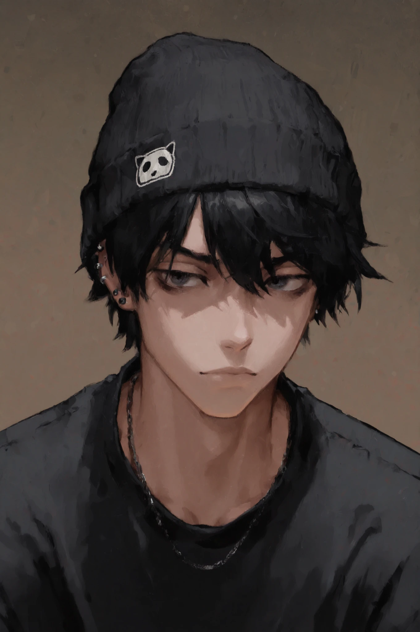 1boy, male focus, gothic male, black hair, piercings, beanie, masterpiece, best quality,absurdres , digital art style, drawn aesthetic, concept painting, ultrahigh definition,masterpiece, best quality, amazing quality, newest, very aesthetic,