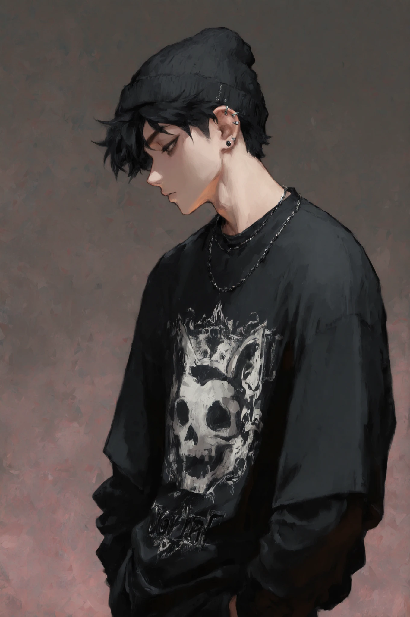 1boy, male focus, gothic male, black hair, piercings, beanie, masterpiece, best quality,absurdres , digital art style, drawn aesthetic, concept painting, ultrahigh definition,masterpiece, best quality, amazing quality, newest, very aesthetic,
