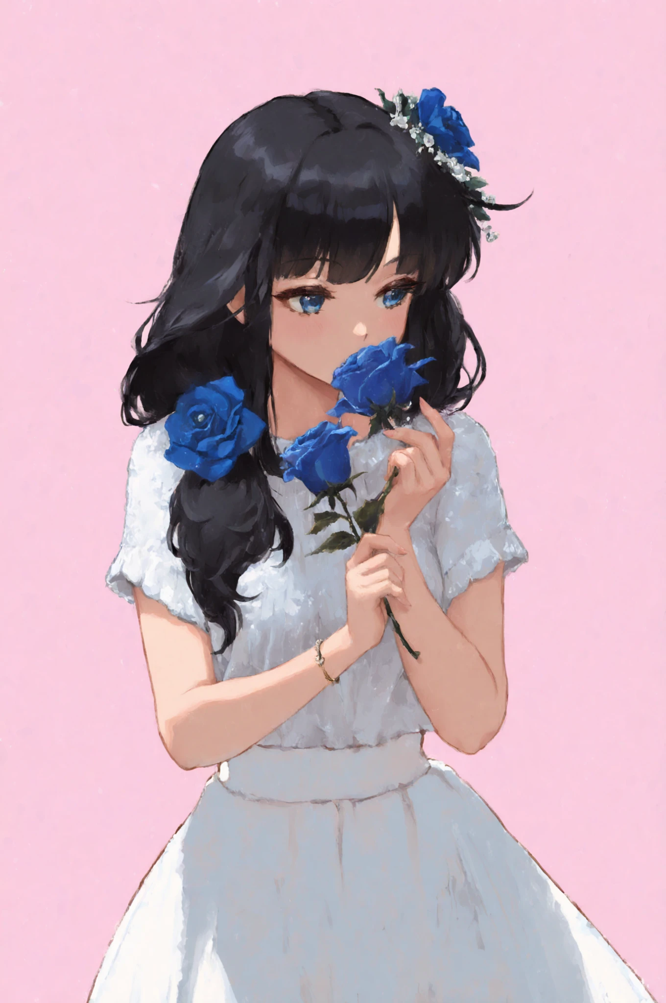 a girl, long hair, hime style, best quality, masterpiece, best quality, extremely detailed, transparent background, hair flower(rose), chromatic abbreviation, black hair, holding, blue eyes, blue rose, ,hirajuku fashion,,pastel style