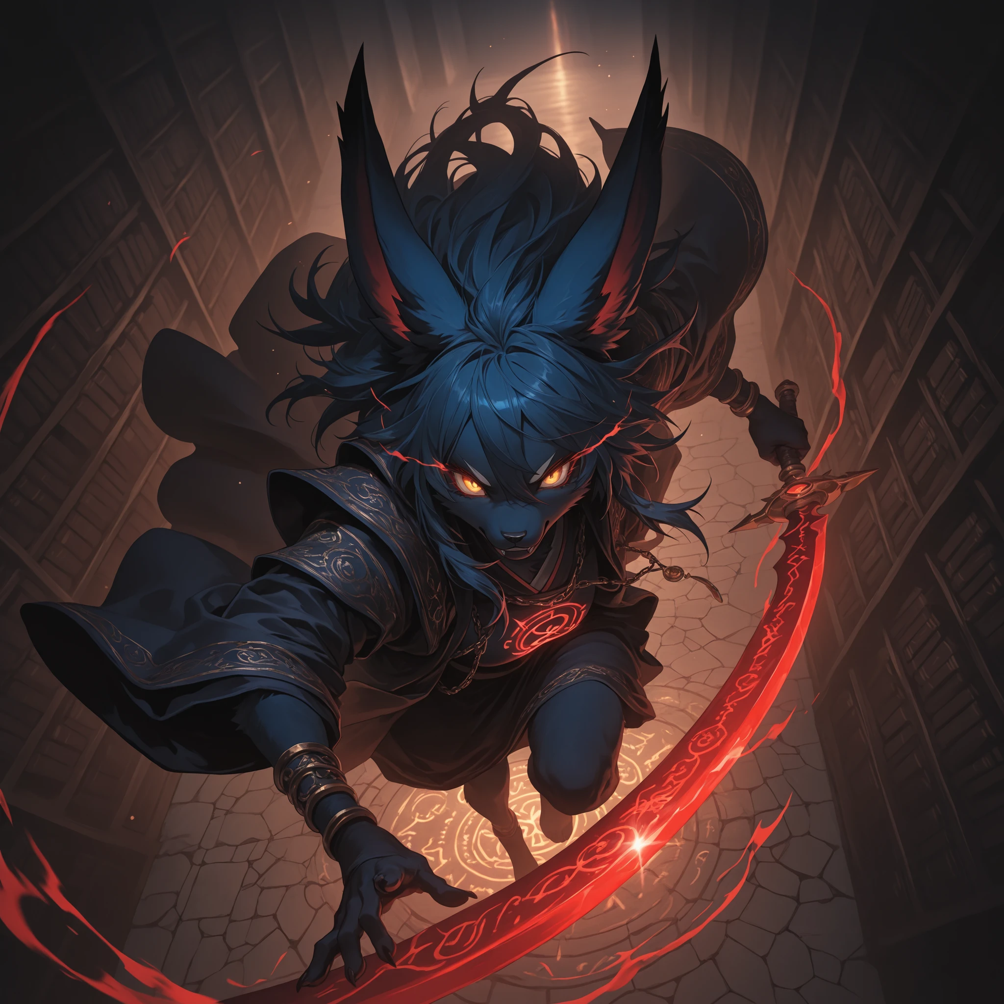 action pose, dynamic pose, Dynamic action, dynamic angles, dynamic perspective, dynamic color, dynamic light, holding weapon,moody lighting, dramatic shadows, bloom lighting, colored shadows, amazing quality, very aesthetic, high resolution, absurdres, newest, scenery, furry, anthro, detailed background, detailed hair, depth of field, detailed fluffy fur, photorealistic details, volumetric lighting, masterpiece, best quality, highres, anatomically correct, detailed illustration, cinematic lighting,
a beautiful beastwoman alchemist with long light-blue hair and golden eyes, blue fur, and elegant rabbit ears.
She wears a deep crimson alchemist robe adorned with subtle embroidery and metallic clasps.
Surrounded by floating manuscripts and ancient scrolls in a vast,  ancient library in the morning, glowing alchemical circles inscribed on the stone walls.
She holds a luxurious iron kettle used for mystical brewing, her expression calm yet deeply focused.
Dust particles and parchment fragments drift through the air, illuminated by shafts of light piercing from above.
magical atmosphere, balance of intelligence and primal grace, dynamic composition, fantasy realism, volumetric light, ultra-detailed texture