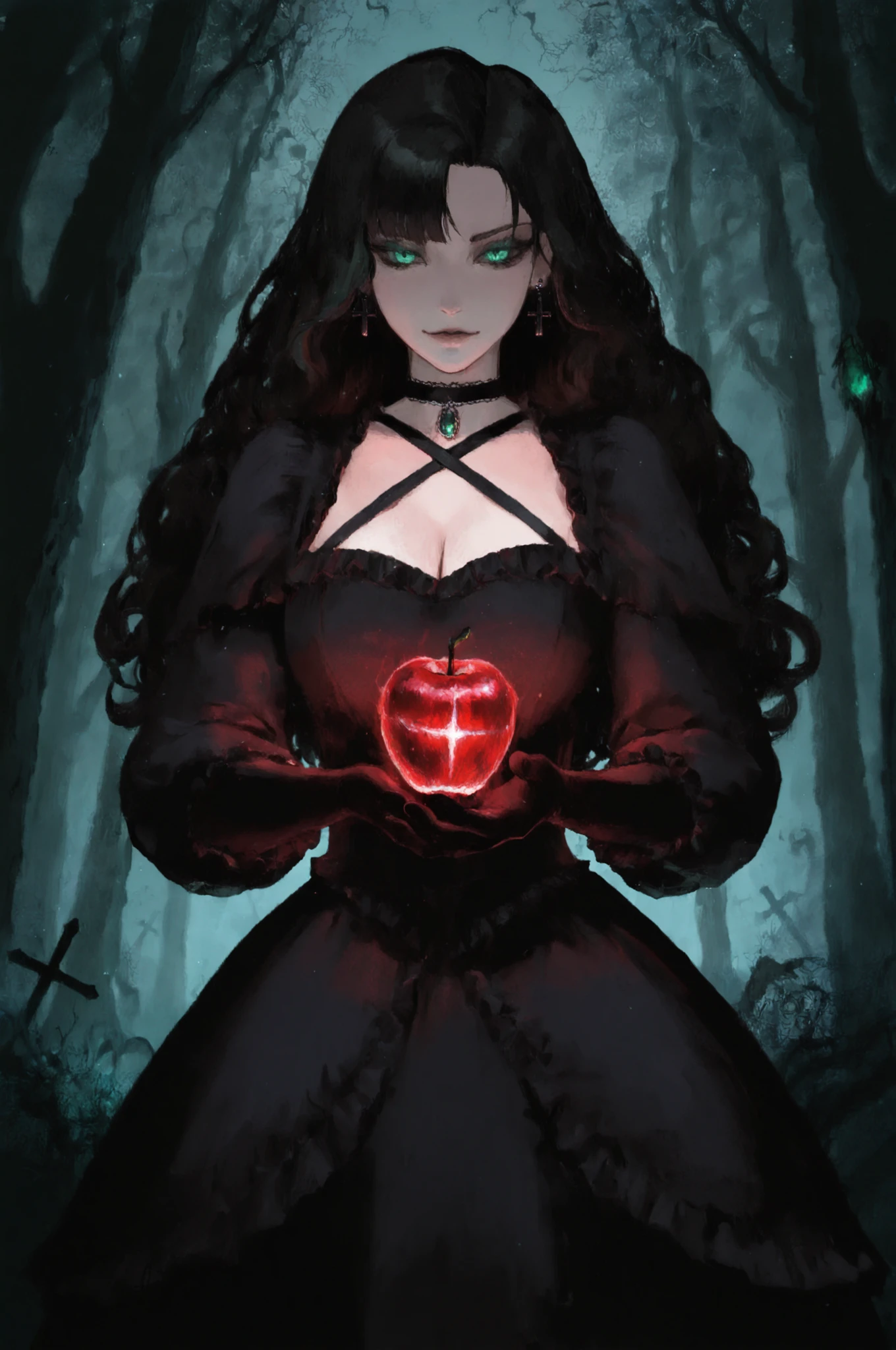 1girl, dark fairy tale theme, gothic style, holding a glowing cursed apple, vampire vibes, long wavy black hair,green eye, black gothic dress with frills, black gloves, black cross earrings, black choker with gemstone, background with bats horror atmosphere, cursed forest, high contrast, detailed lighting, masterpiece, official art style, dramatic angle