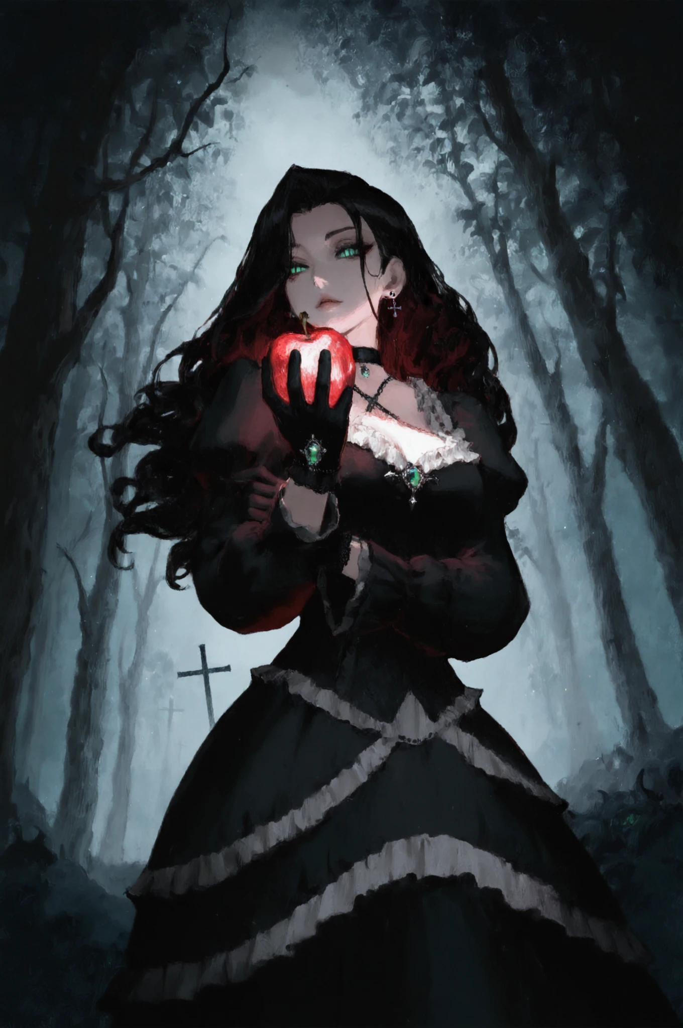 1girl, dark fairy tale theme, gothic style, holding a glowing cursed apple, vampire vibes, long wavy black hair,green eye, black gothic dress with frills, black gloves, black cross earrings, black choker with gemstone, background with bats horror atmosphere, cursed forest, high contrast, detailed lighting, masterpiece, official art style, dramatic angle