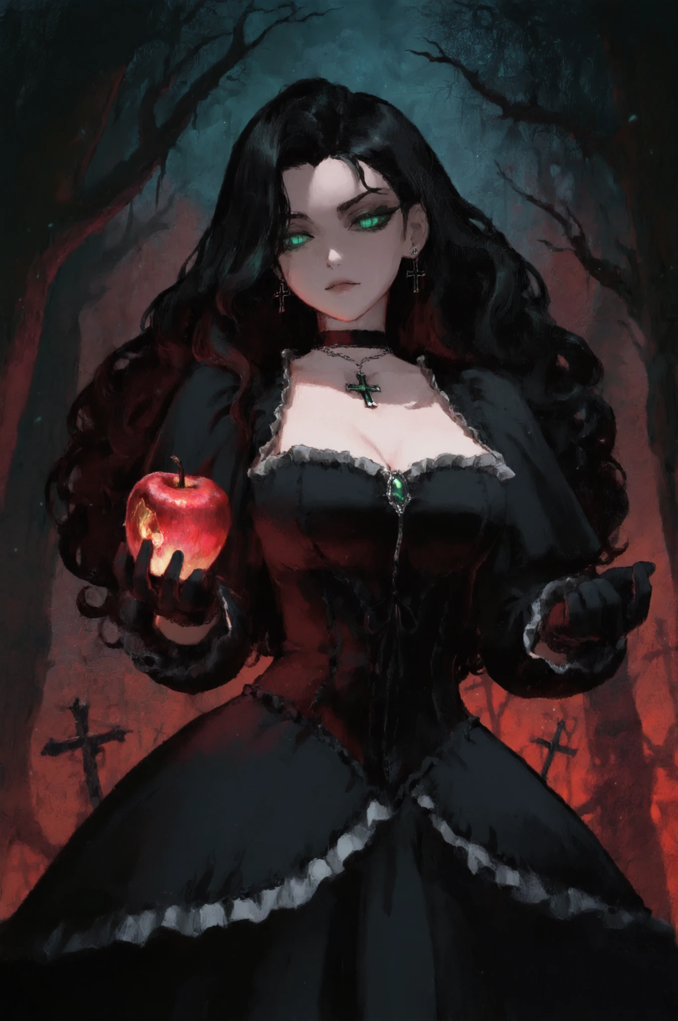 1girl, dark fairy tale theme, gothic style, holding a glowing cursed apple, vampire vibes, long wavy black hair,green eye, black gothic dress with frills, black gloves, black cross earrings, black choker with gemstone, background with bats horror atmosphere, cursed forest, high contrast, detailed lighting, masterpiece, official art style, dramatic angle
