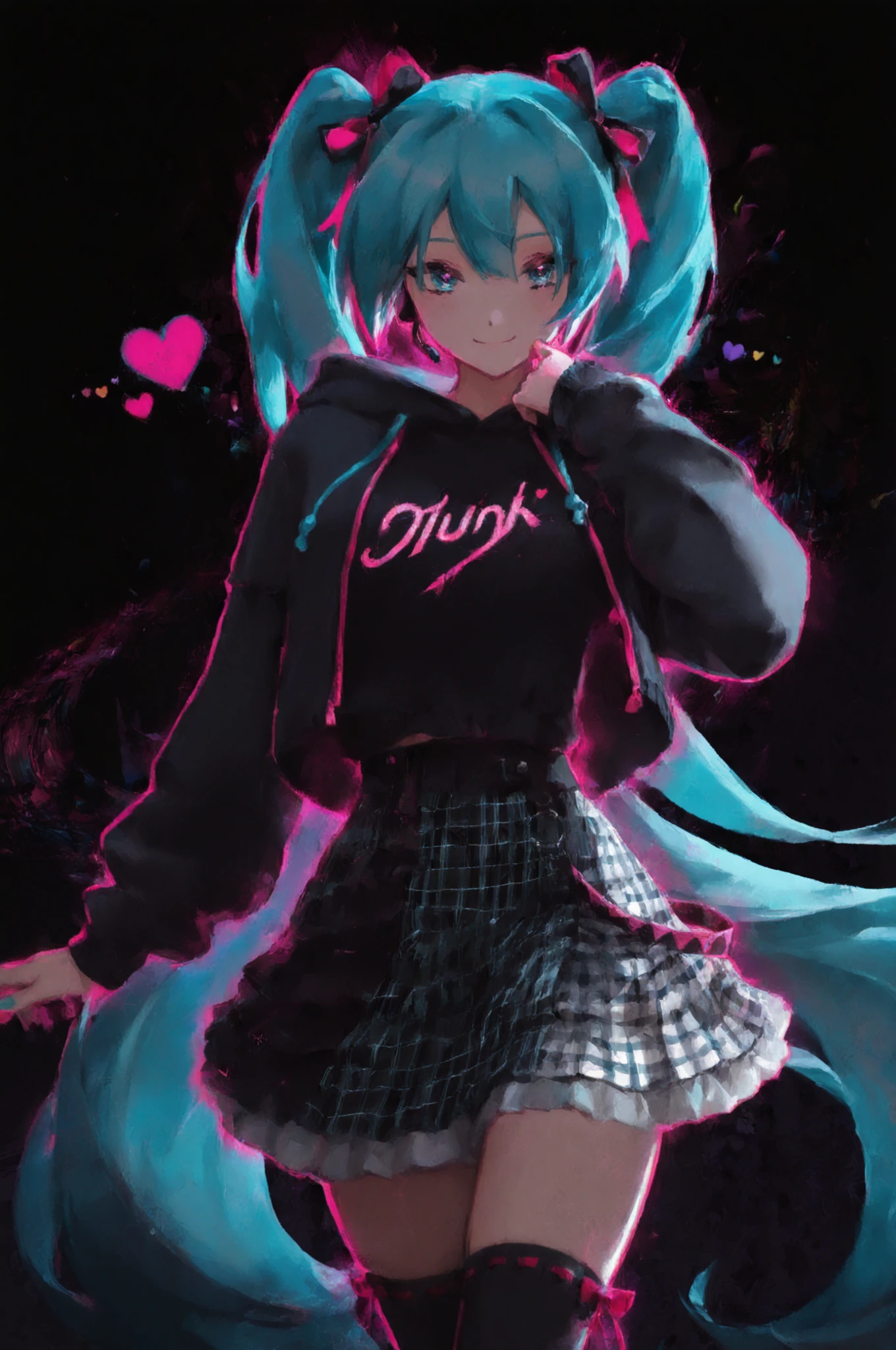 1girl, cowboy shot, smile, full body, 
hatsune miku, black background, colorful hearts, vibrant, pink glowing outline, neon, abstract background, looking at viewer, ribbon-trimmed thighhighs, gingham skirt, hooded jacket, black top, dynamic pose, punk, kawaii
