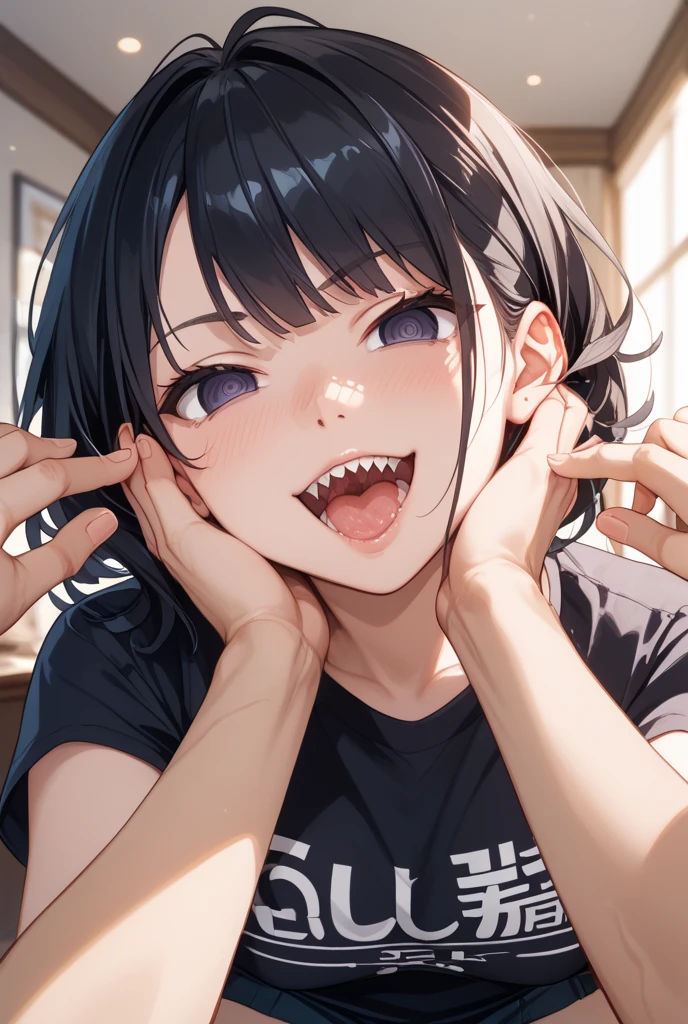 ,1 girl,Solo,hair,(black hair:1),uvula,portrait,masterpiece, best quality, very aesthetic, absurdres,looking at viewer,split,(Black clothing),pov,open mouth,White Breath,shiny,gloss,heavy_breathing,mouth pull