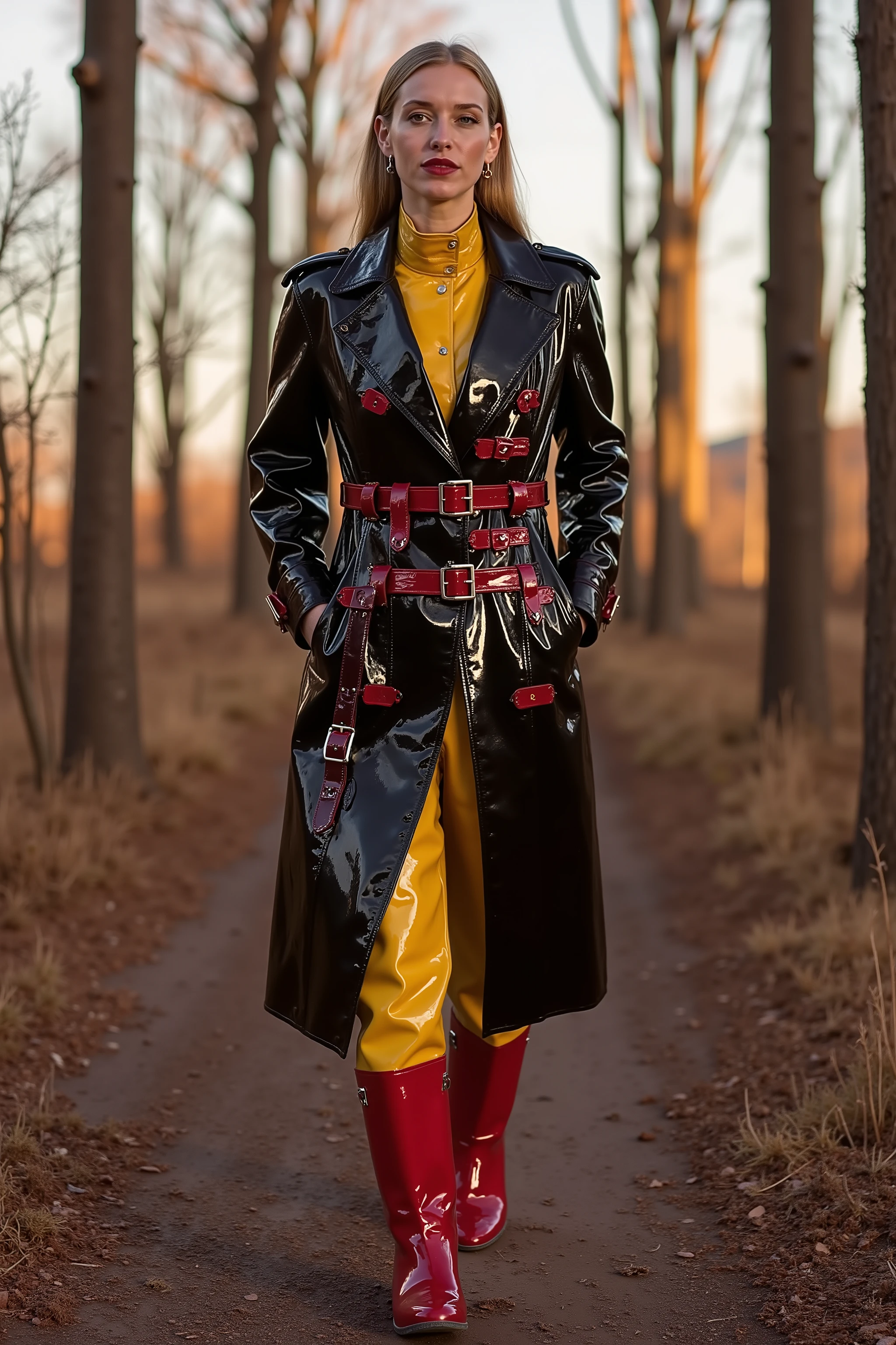 Early morning photograph a 34 year old woman wearing a black and yellow GothTrench shiny polished vinyl trenchcoat with red belts, the woman’s jacket has heavy metal D rings for restraining the user, the woman is running in a forest at sunrise, the woman’s hands are in the pockets of the jacket, the jackets pockets are yellow, the woman is wearing bright yellow polished vinyl pants, the woman is wearing red rubber boots with a light coat of dust stain on them, the sky is clear