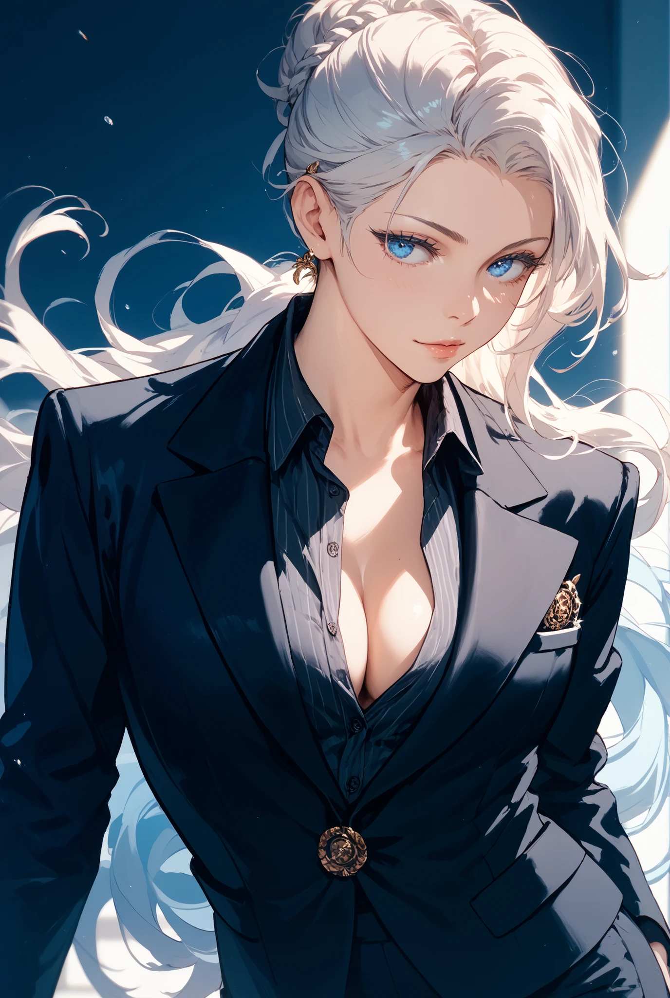 extends her hands and beckons　in a black suit　no tie　handsome　 Blue Eyes 　Pretty girl on the side