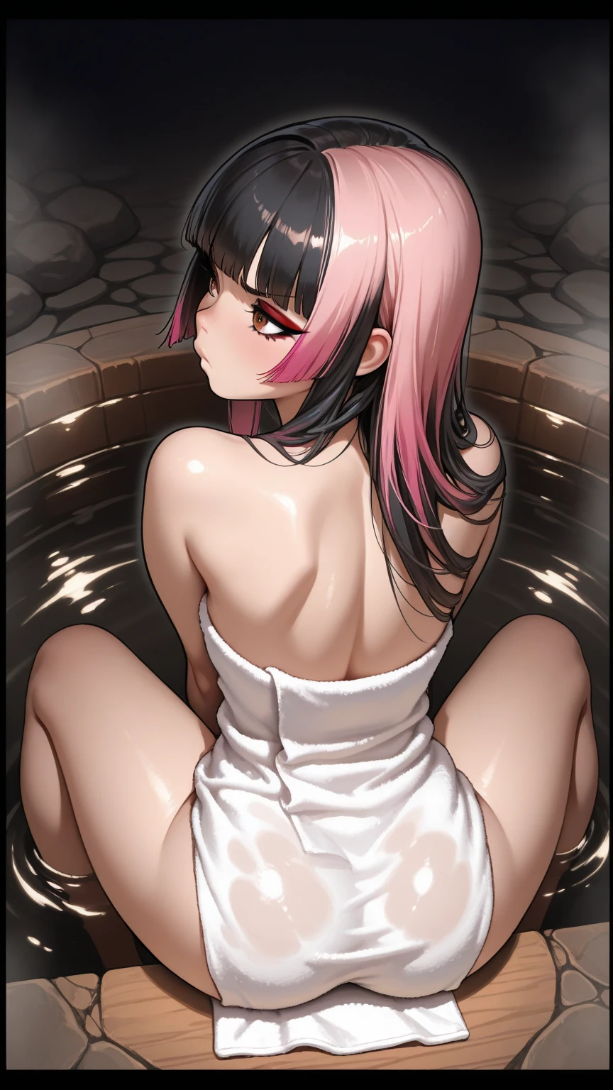 (((masterpiece, Highest quality:1.5,absurdres))),,ass pov,,25 year old beautiful slave,(dark blue hair),((very small head:1.3)),long hair,bangs,dark blue eyes,gorgeous eyes,shy,crying,drooling,medium breasts,((very long body:1.3)),((toned body,slender body)),skinny,(((tan skin:1.3))),gleaming skin,shiny skin,(wet:1.5),,,navel、、 ,Spurting ,Black leather collar with chain、handcuffs、lying,ten years old,:1.5,A large group of female bathers、Public bath、Japan、