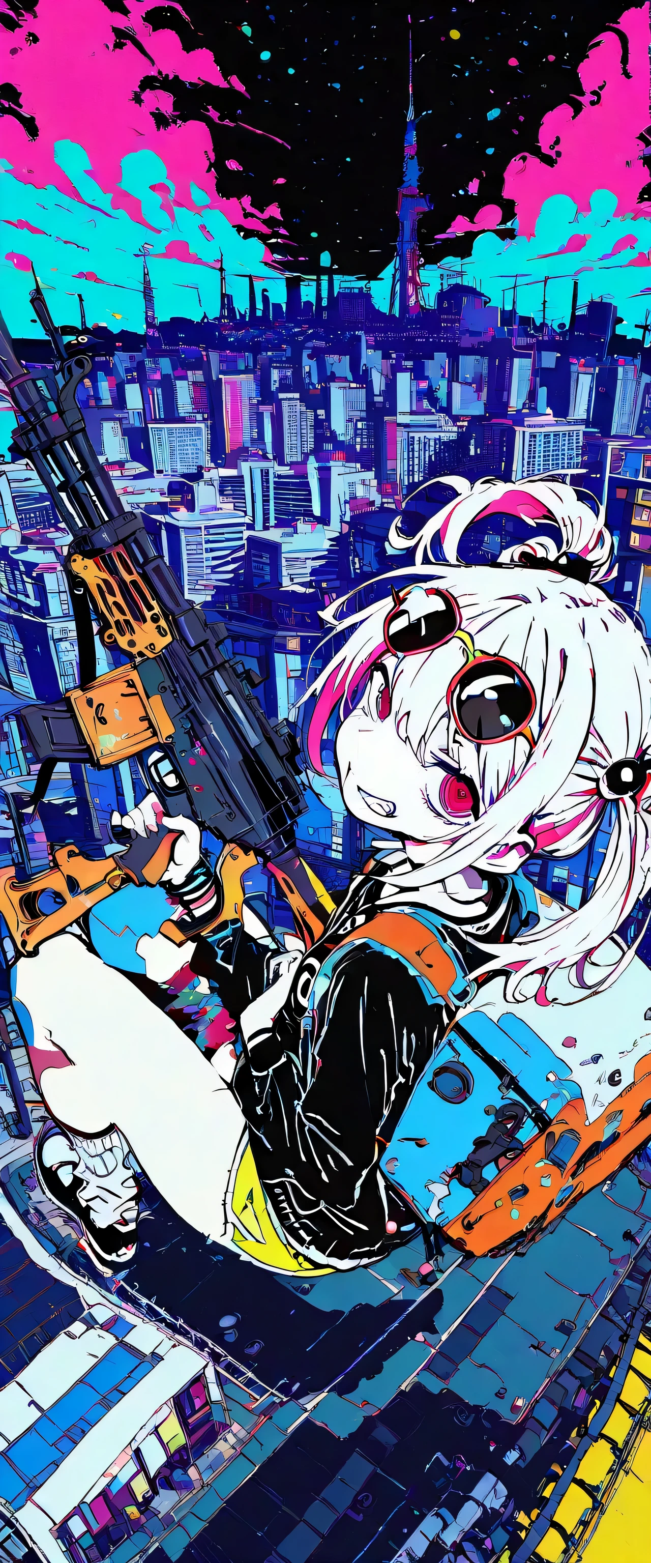 (beautiful girl:1.3),masterpiece,1girl,Ultra-high resolution,rich contrast,Very high quality,8k,Highly detailed CG unit wallpaper,Texture,RAW Photos,professional photograph,an extremely delicate and beautiful,Incredibly absurd,Depth of written boundary 1.2,((A girl carrying a machine gun is patrolling the city)),A large machine gun,She is wearing a black shirt,black sunglasses,(grin),A gangster girl with twin tails wearing black clothes,colorful,(dark:2.0),Set-Flat-Style,flat color,vector style,clean lines,miaomiao_hwm,,overlooking,(magnificent panorama view:1.3),
